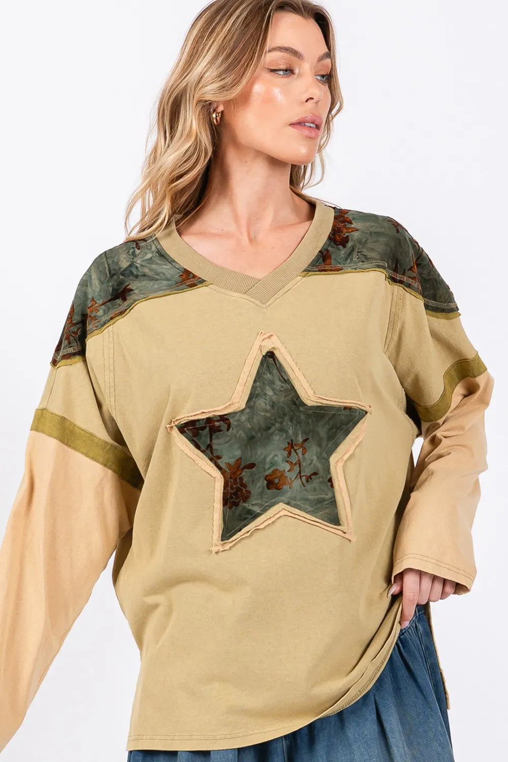 SAGE + FIG Star Patch Long Sleeve Color Block T-Shirt 1360e0a5-f3ca-4ca3-88ad-a807a4dd075c-Max