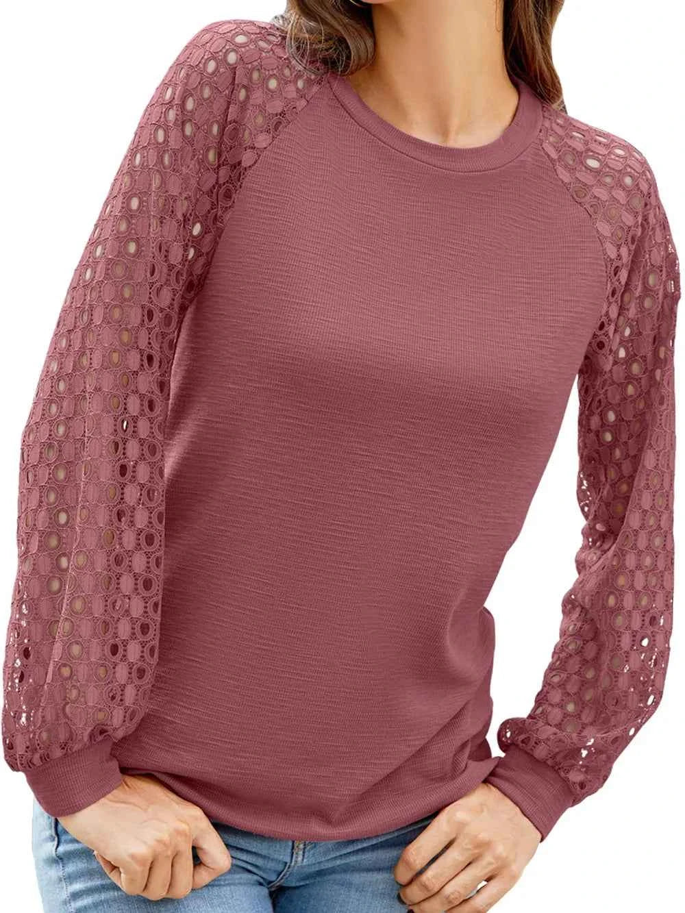 Full Size Eyelet Round Neck Long Sleeve T-Shirt 1361834d-f1e4-4e08-8c25-a81650c90503-Max
