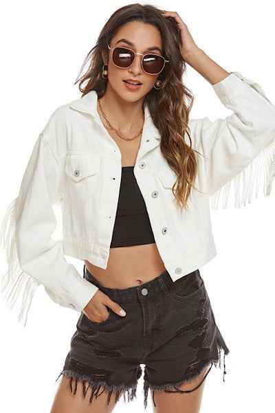 Cropped fringe denim jacket 13692833_c7427c25-be49-4524-8ec1-31f0c3202ca0