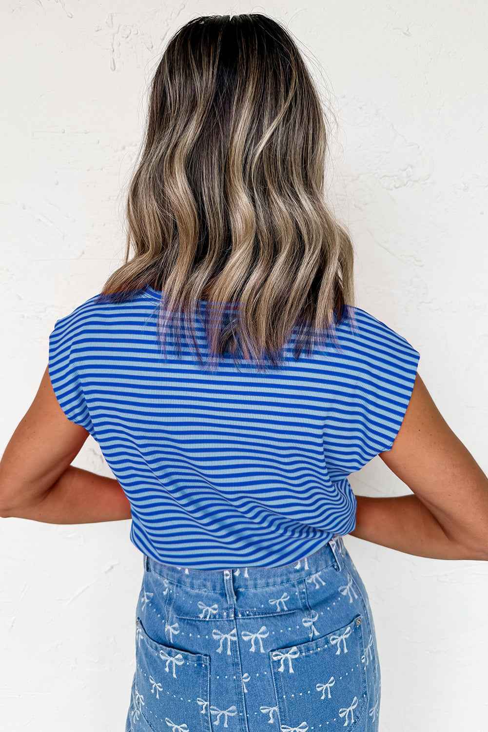 Sky Blue Stripe Ribbed Cap Sleeve Round Neck T Shirt 13707013955b00f3