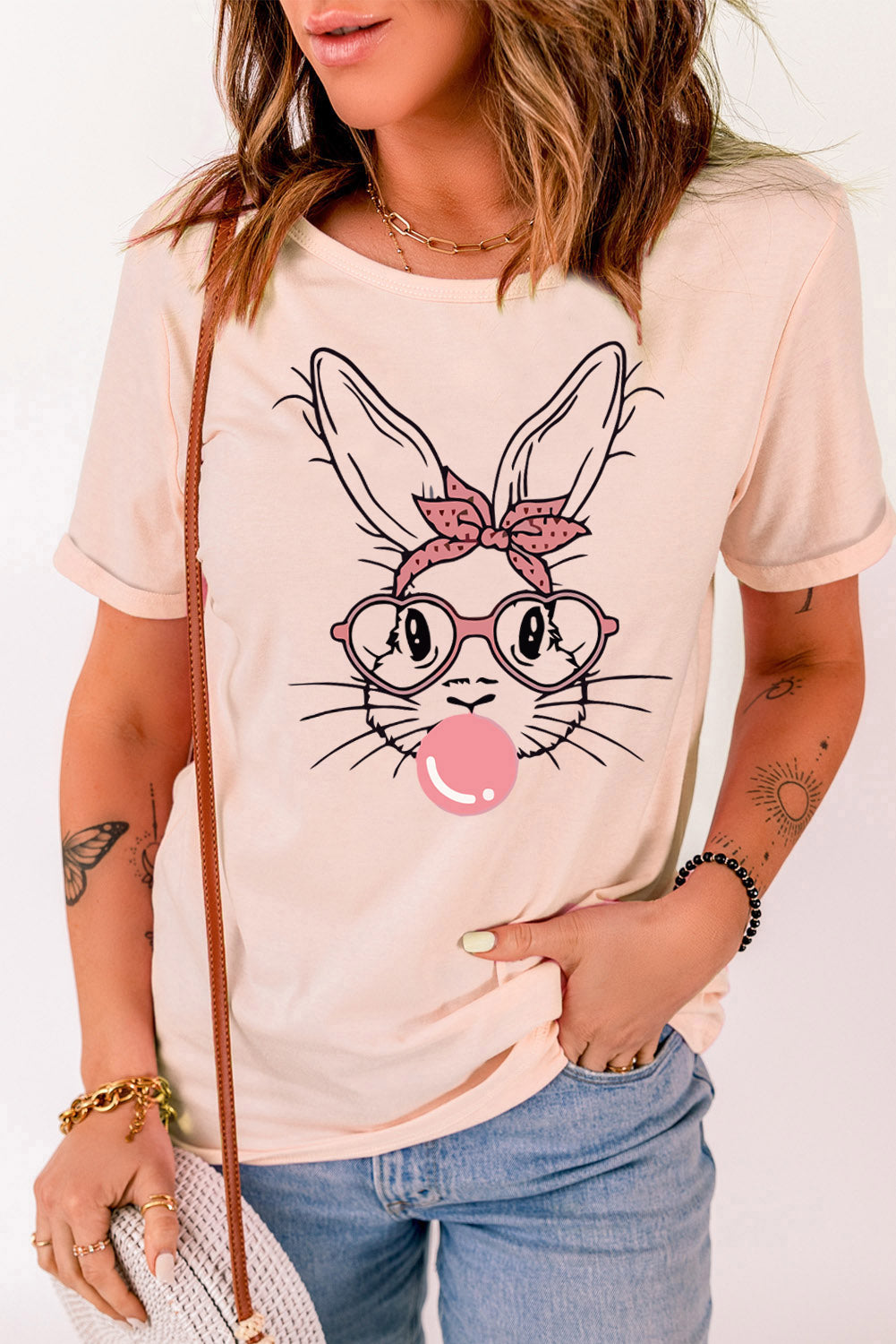 Rabbit Graphic Round Neck Short Sleeve T-Shirt Blush Pink 1374504f89564a6c9c051a57146ea3c8-Max