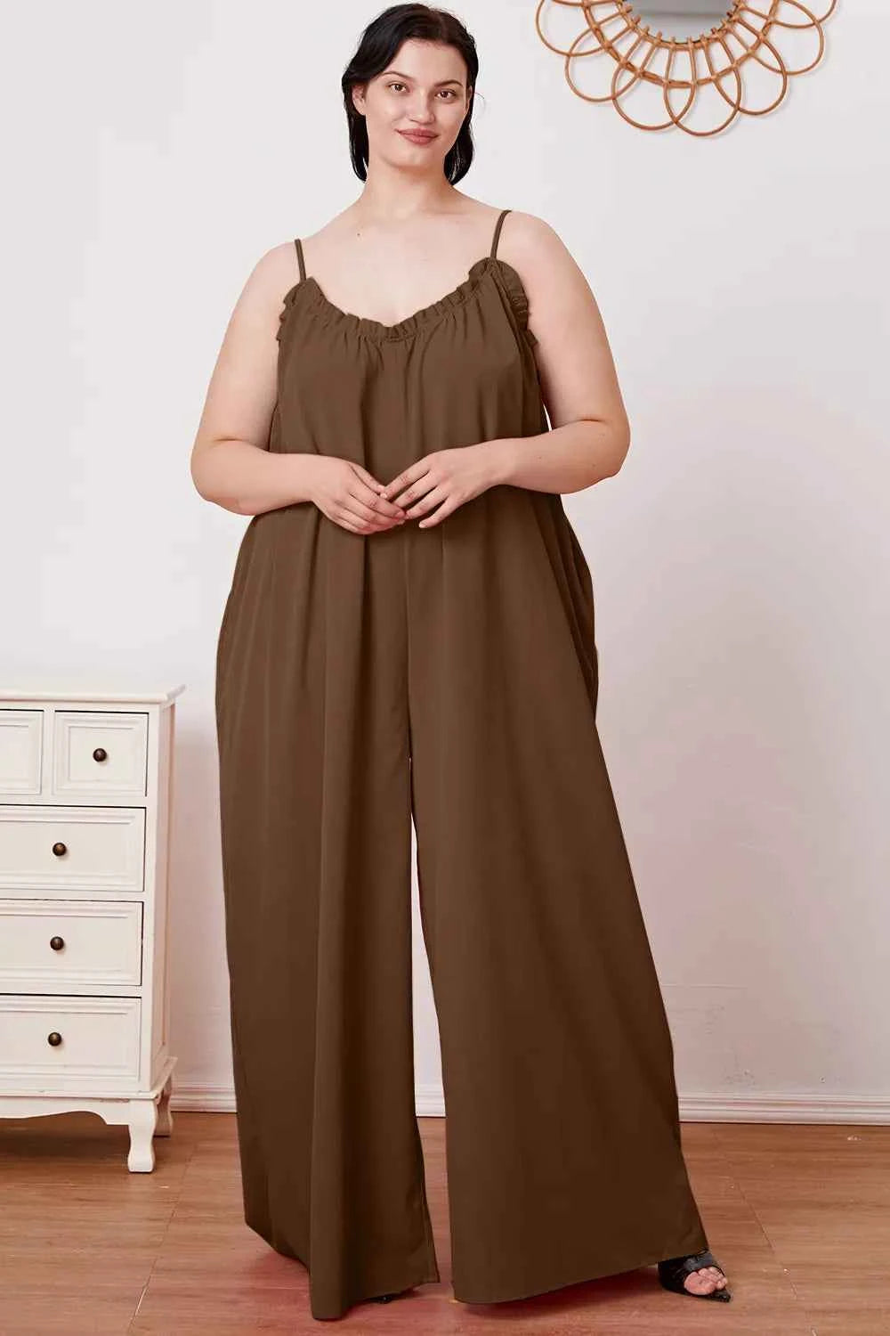 Double Take Full Size Ruffle Trim Tie Back Cami Jumpsuit with Pockets 137e5857-d8e2-4cb1-bf0f-8d477261953e-Max