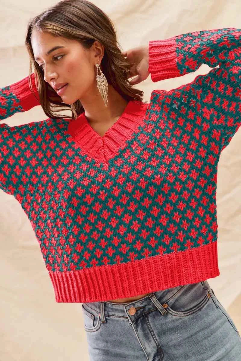 SO ME Color Block Textured Christmas Sweater V Neck Top HUNTER RED 1382de79ec344321b53b70e99f861bcc-Max-Origin