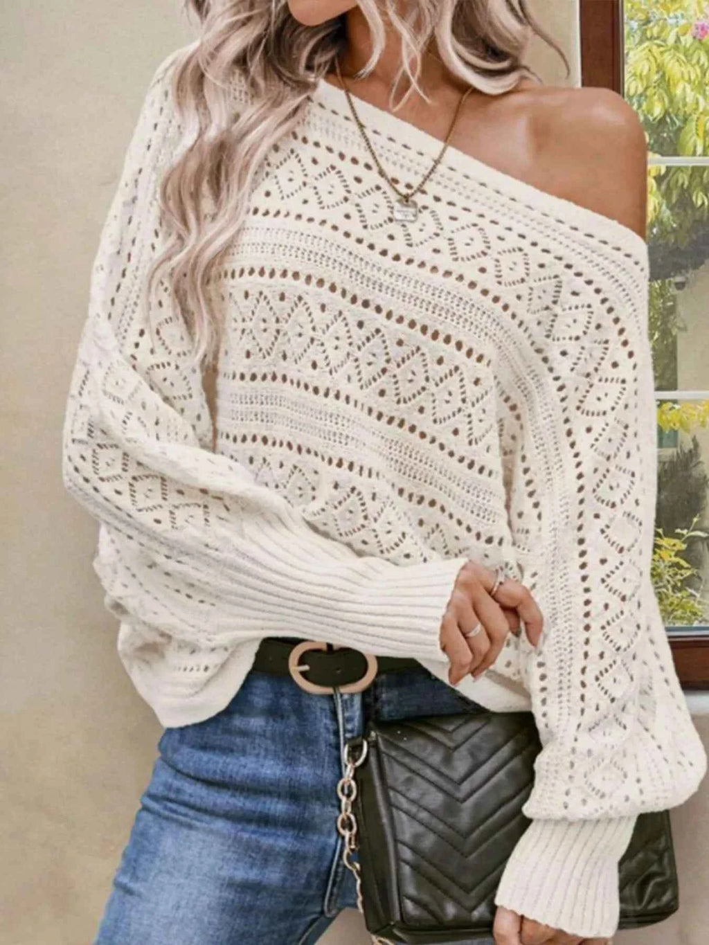 Openwork Boat Neck Lantern Sleeve Sweater 13910866aa7a4fec94a85e12e968e634-Max-Origin