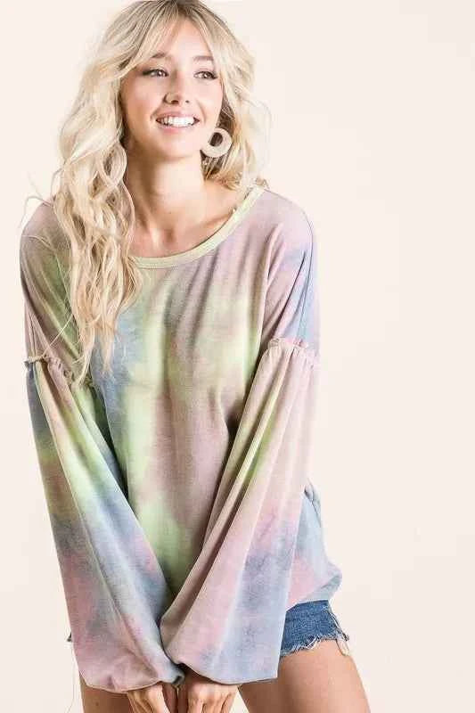 BiBi Tie Dye French Terry Sweatshirt With Bubble Sleeves 13a0e46915fd42258e926ecd4dd184ac-Max-Origin