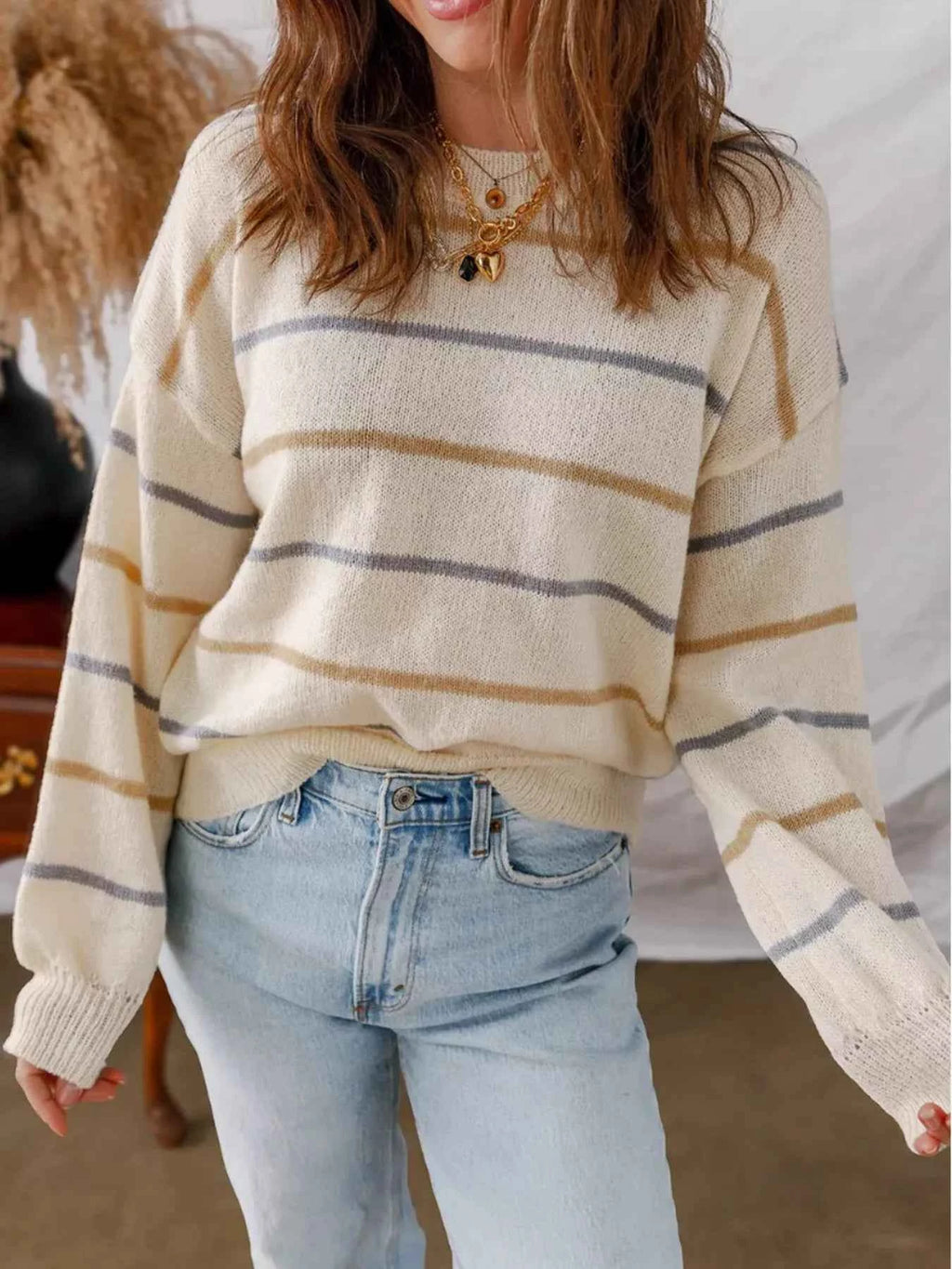 Striped Round Neck Drop Shoulder Sweater Apricot 13a393f8456441d99151ad55b4451af3-Max-Origin