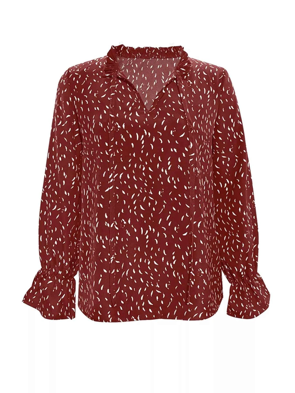Ruffled Printed Tie Neck Long Sleeve Blouse 13a850a0-a194-4064-b6a7-3e72ce3f13cc-Max-Origin