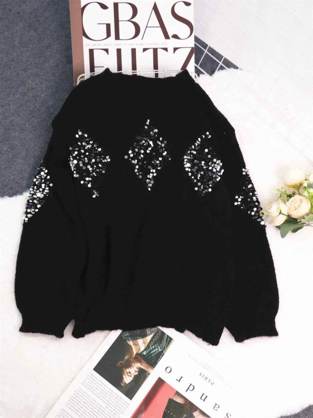Sequined Diamond Pattern Oversized Sweater 13c75e989a0c422d92d38df50f0e9c6d-Max-Origin