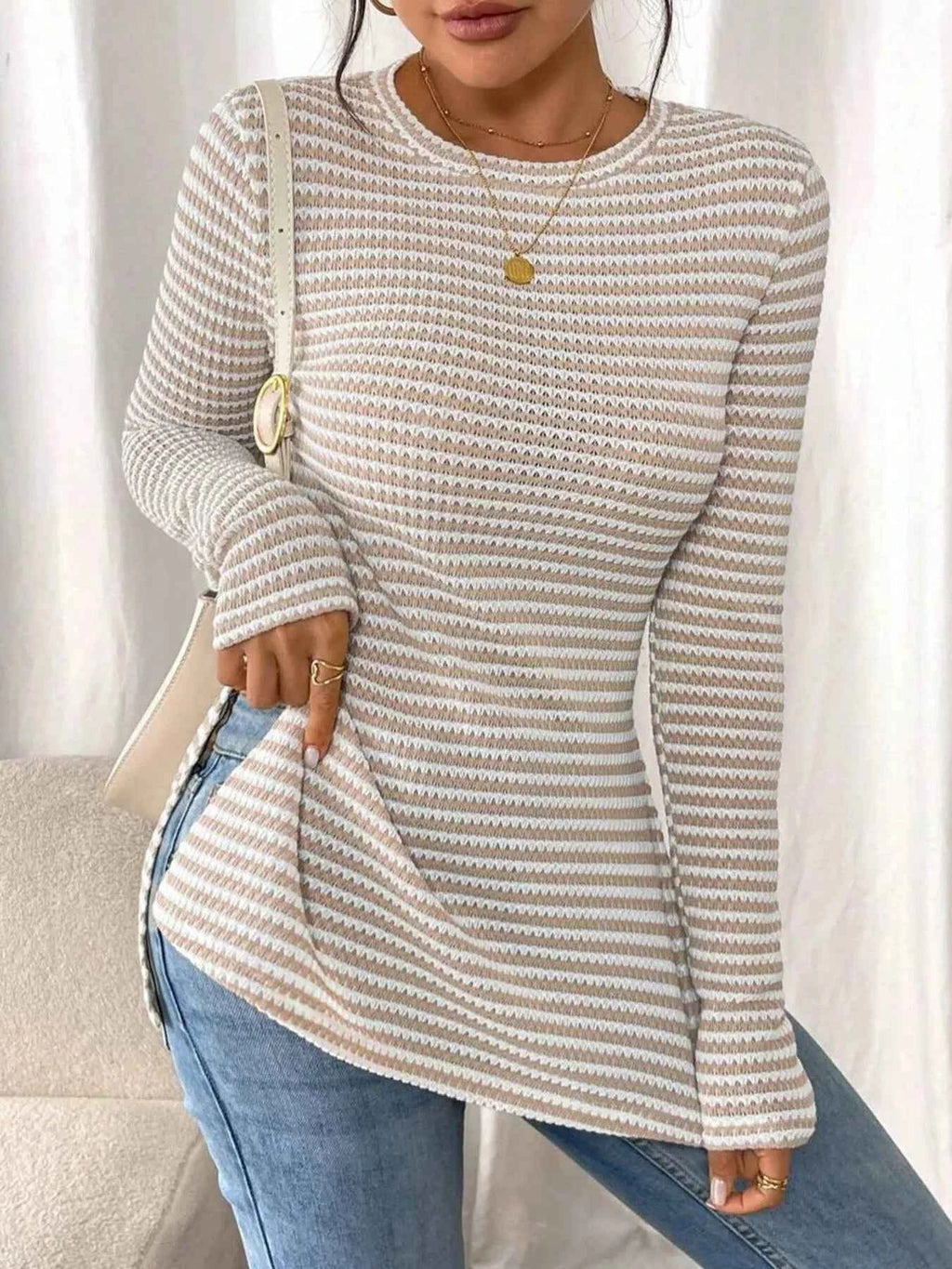 Side Slit Striped Long Sleeve T-Shirt 13c84416d5f1464792506f9c06e7b159-Max-Origin