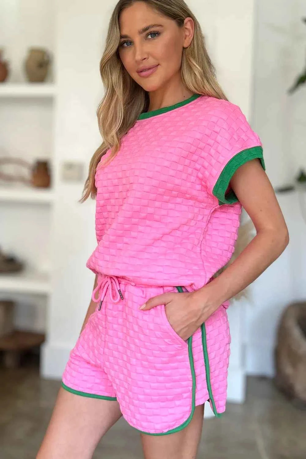 Double Take Full Size Texture Contrast T-Shirt and Shorts Set 13d39d9e-871f-43ae-be6c-5ed997d7ebab-Max