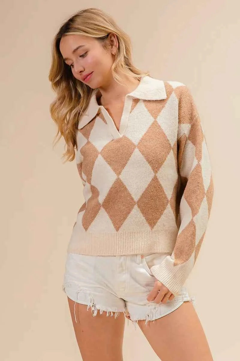 BiBi Diamond Pattern Collared Notch Neck Sweater 13dcca85236c45808083063e14bf08fd-Max-Origin