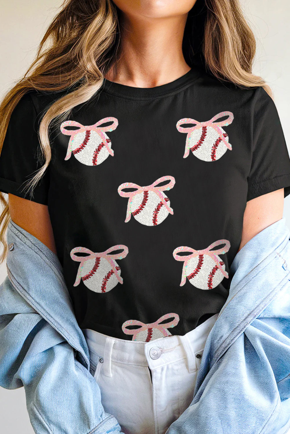 Black Shimmering Sequin Bow Ball Patterned Game Day Casual Tee 13ea195b4af7562e