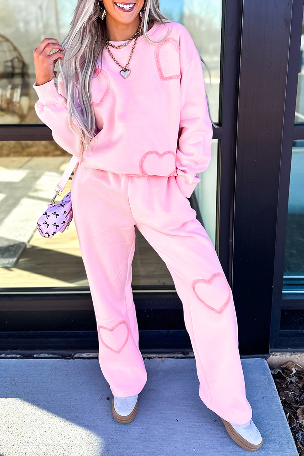 Phalaenopsis Chenille Heart Pattern Casual Pants Set Phalaenopsis 65%Polyester+35%Cotton 13ee299639653dc5