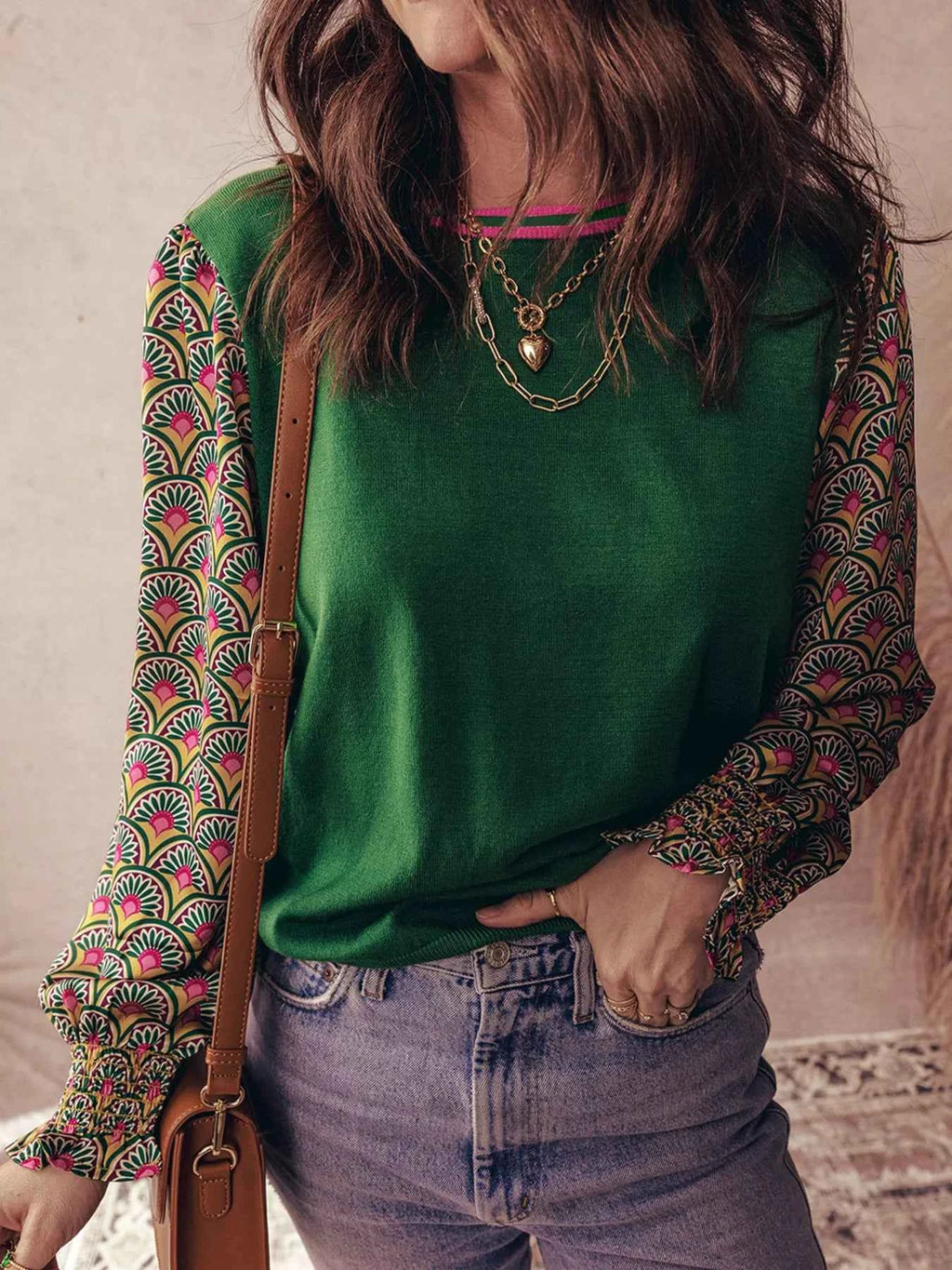 Floral Patchwork Shirred Cuff Puff Sleeve Knit Top Dark Green 13fec65b8b854c1cb09dcde9429a6aad-Max-Origin