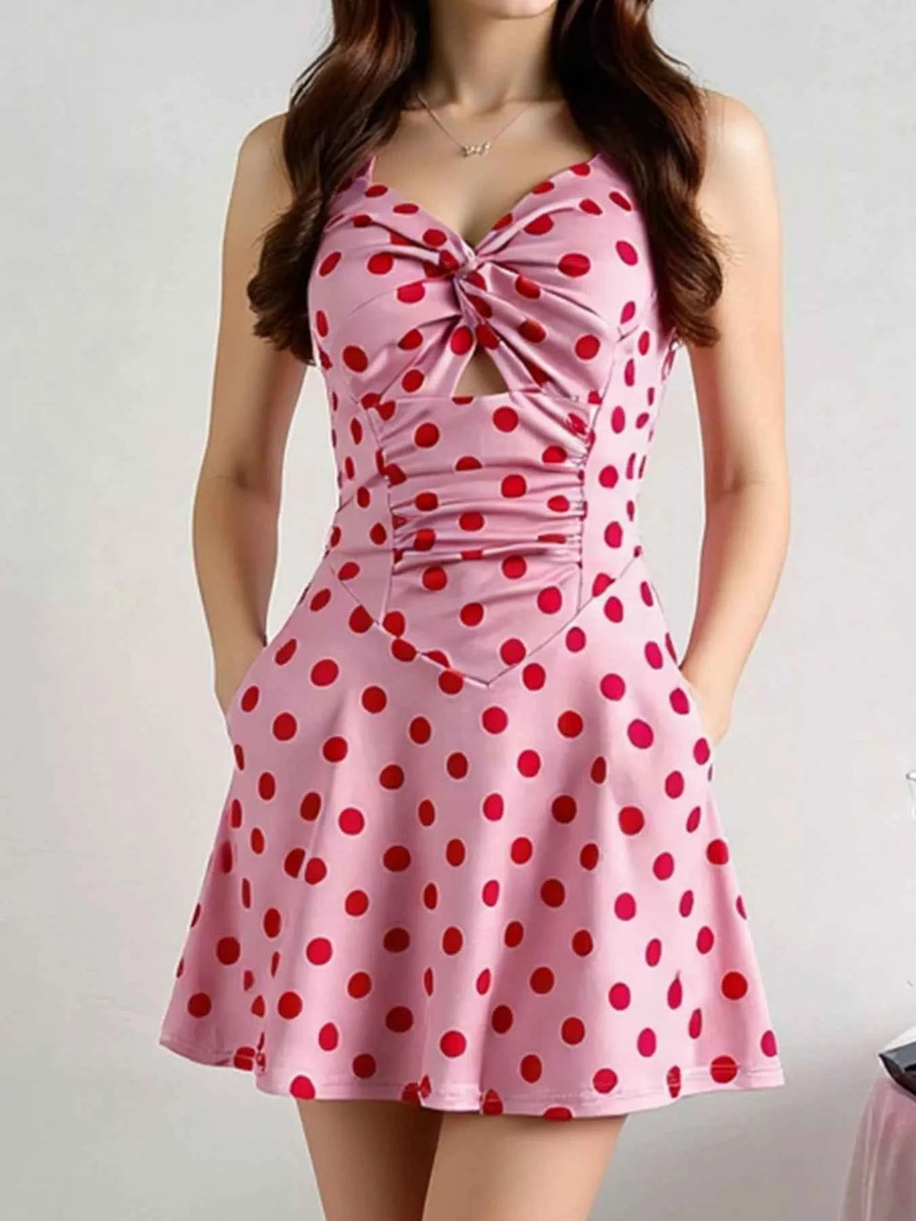 Polka Dot Halter Neck Twisted Front Mini Dress 140de3a8-67a8-49d1-b12e-48687c1edfcc-Max-Origin