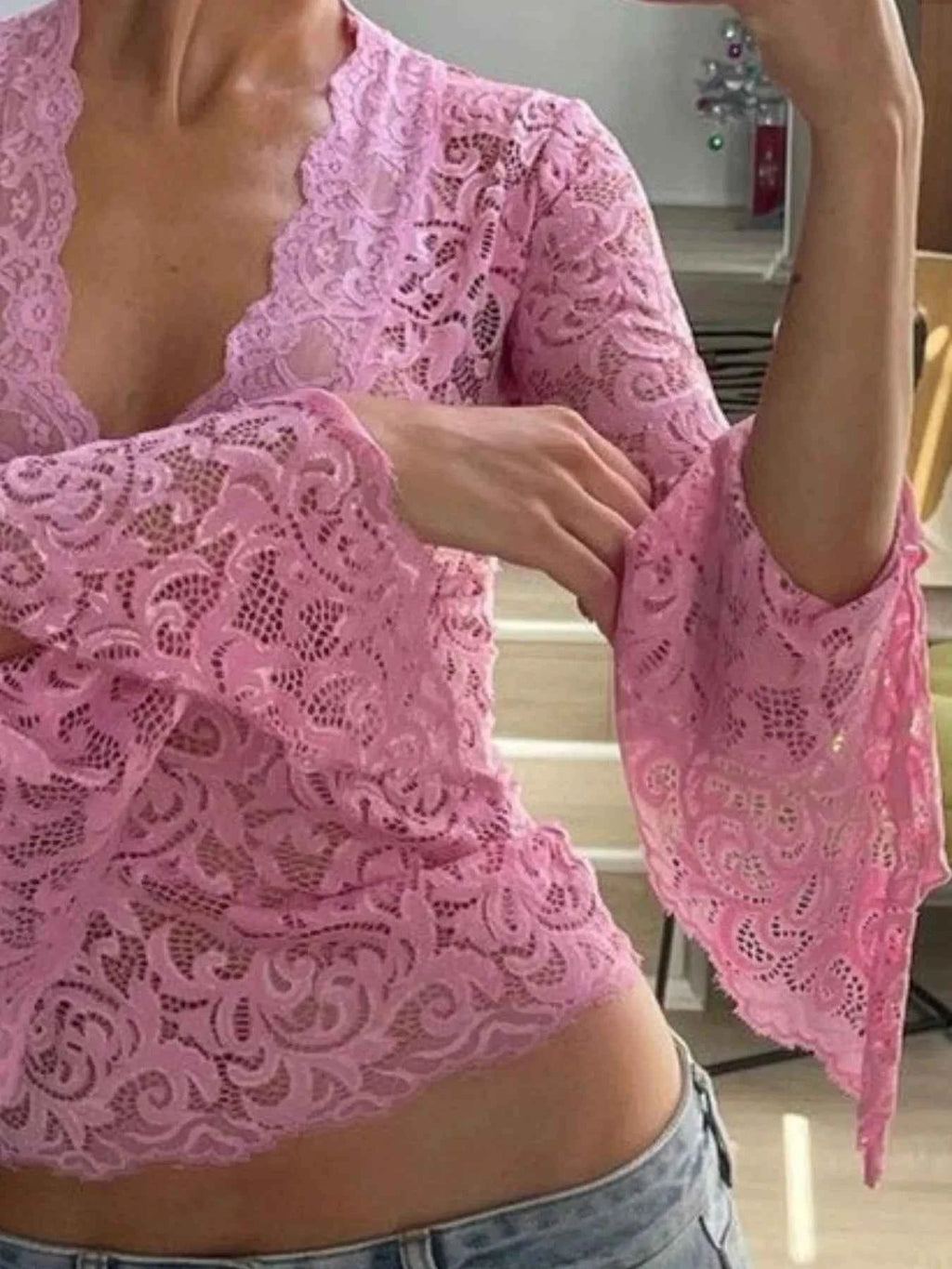 Lace Long Sleeve Deep V-Neck Blouse 1414b143-4083-42ae-946d-63d7f2e27985-Max-Origin