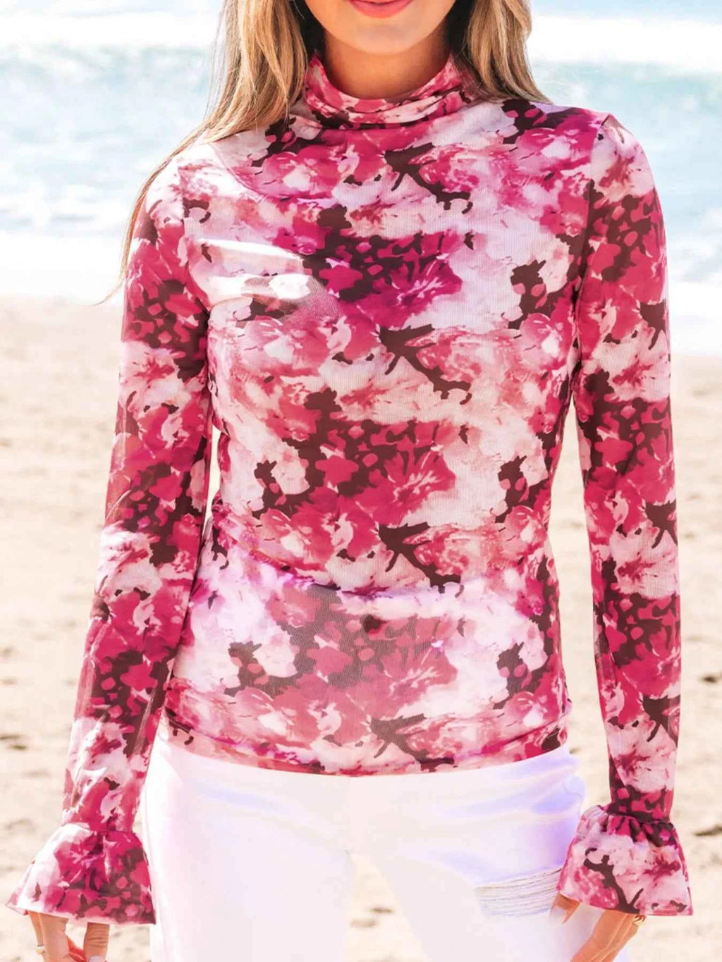 Floral Mesh Flounce Sleeve Mock Neck Blouse Strawberry 141665cf-8818-4555-8911-5c16e81ecc5f-Max-Origin