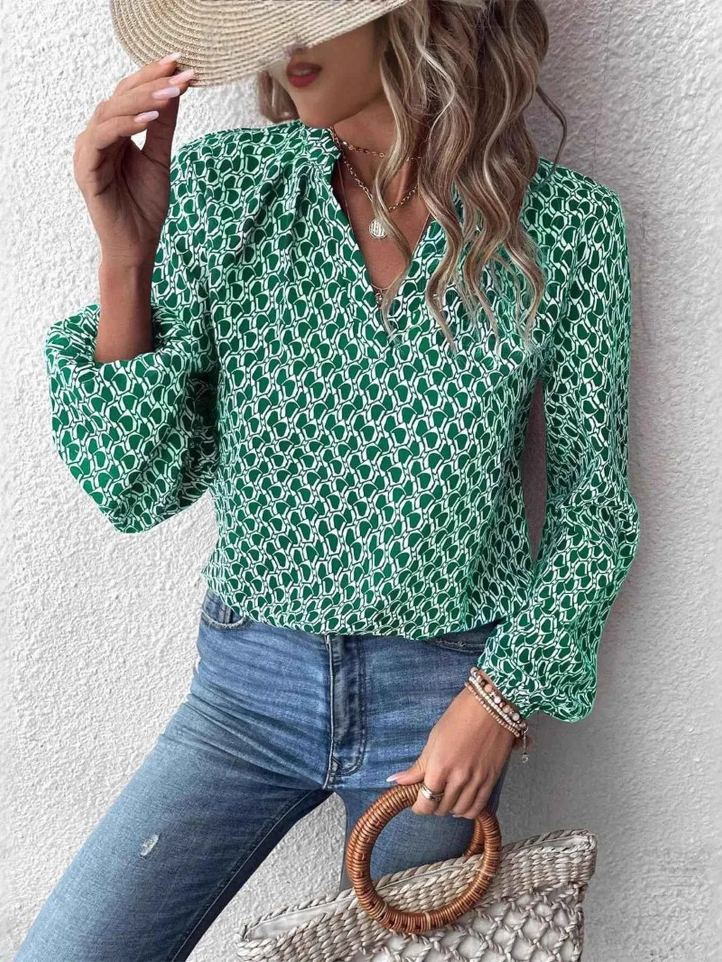Printed Notched Long Sleeve Blouse 141712c75f85461a9d1db8b54ae59bd9-Max-Origin