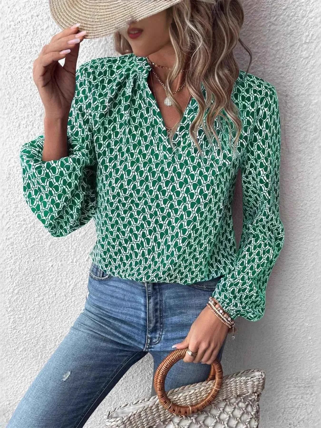 Printed Notched Long Sleeve Blouse 141712c75f85461a9d1db8b54ae59bd9-Max-Origin