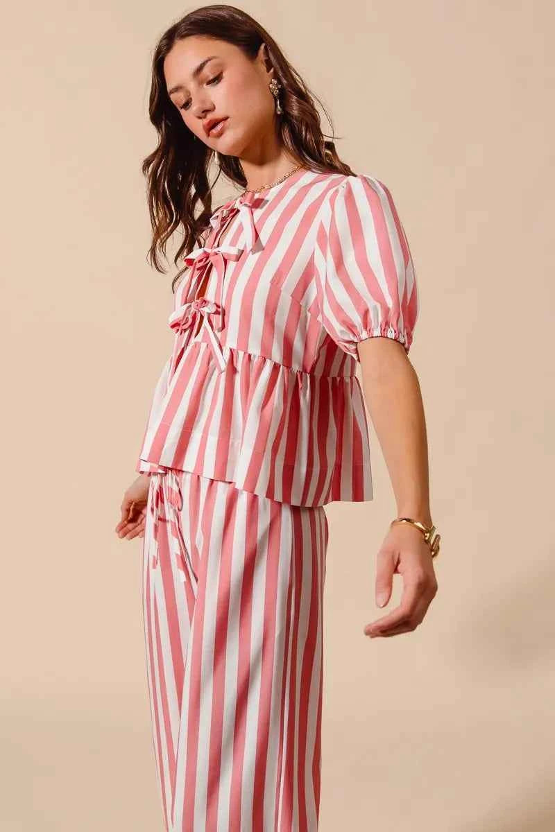 SO ME Front Tie Stripe Top With Puff Sleeves and Wide Leg Pants Set 141953ca1e234357b01877da9e5307bc-Max-Origin