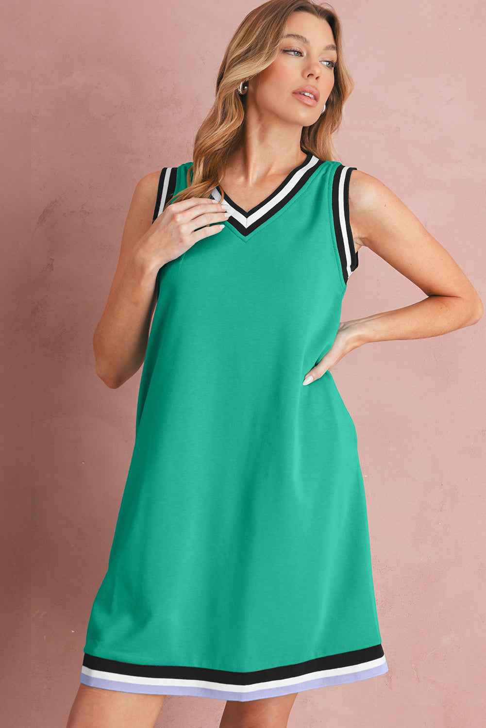 Mint Green Contrast Trim V Neck Sleeveless Mini Dress 142cc6bc019fb0c7