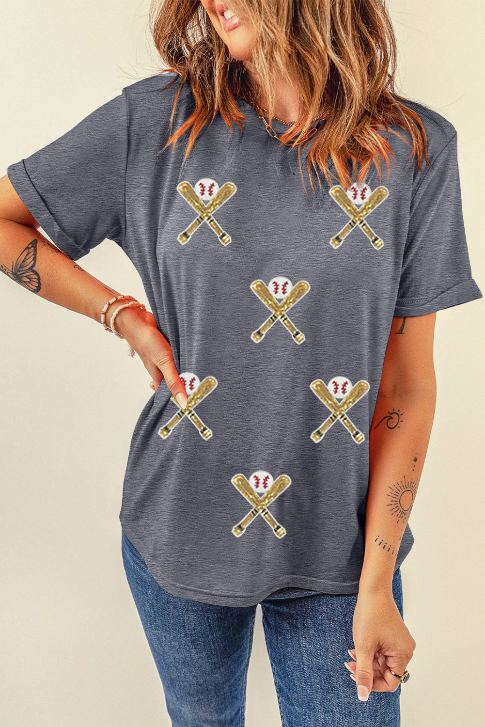 Gray Sequin Baseball Bat Graphic Game Day Casual Tee 1431fd635e85c4ee