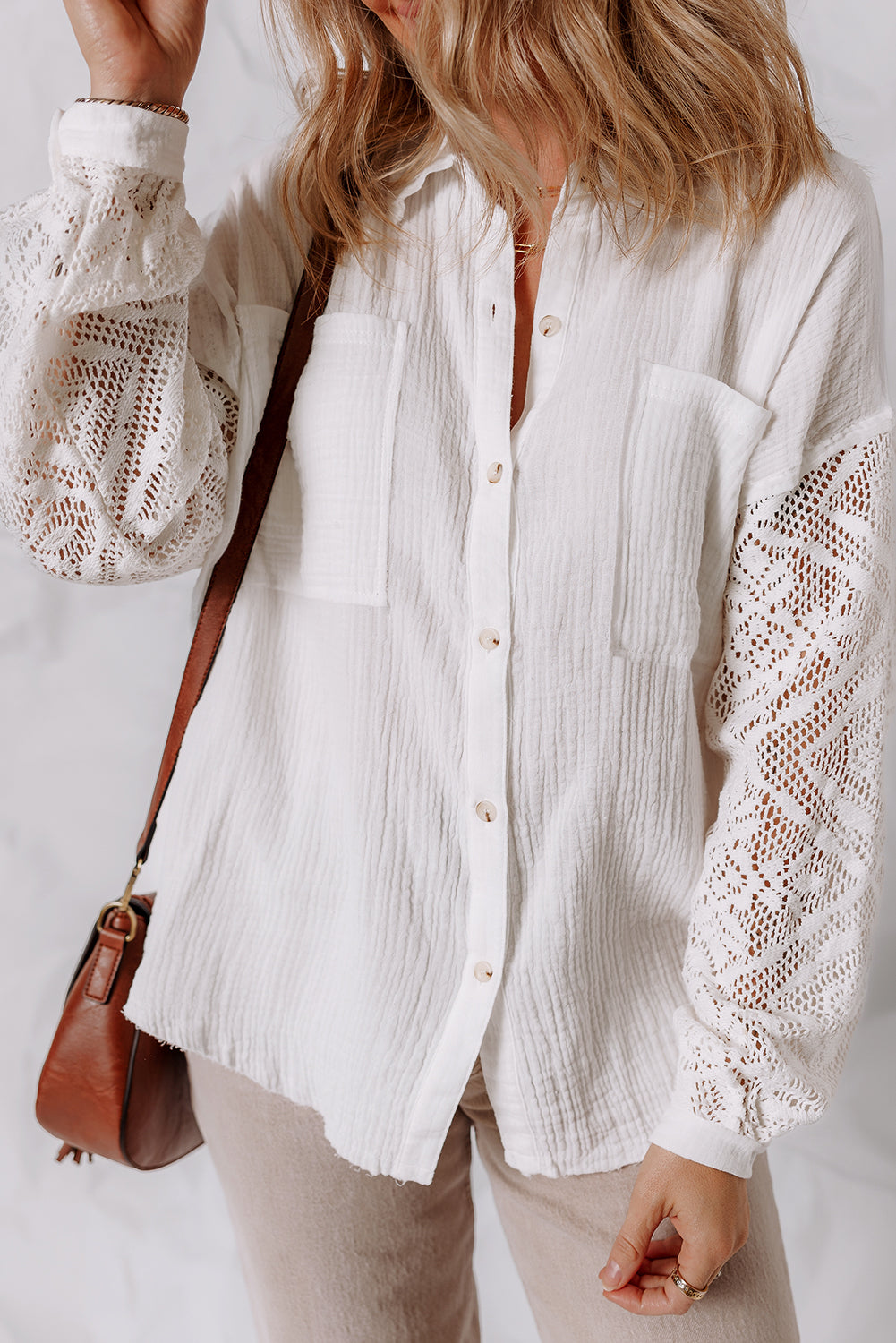White Cotton Gauze Lace Patchwork Long Sleeve Shirt 143aab29e58eb0e7