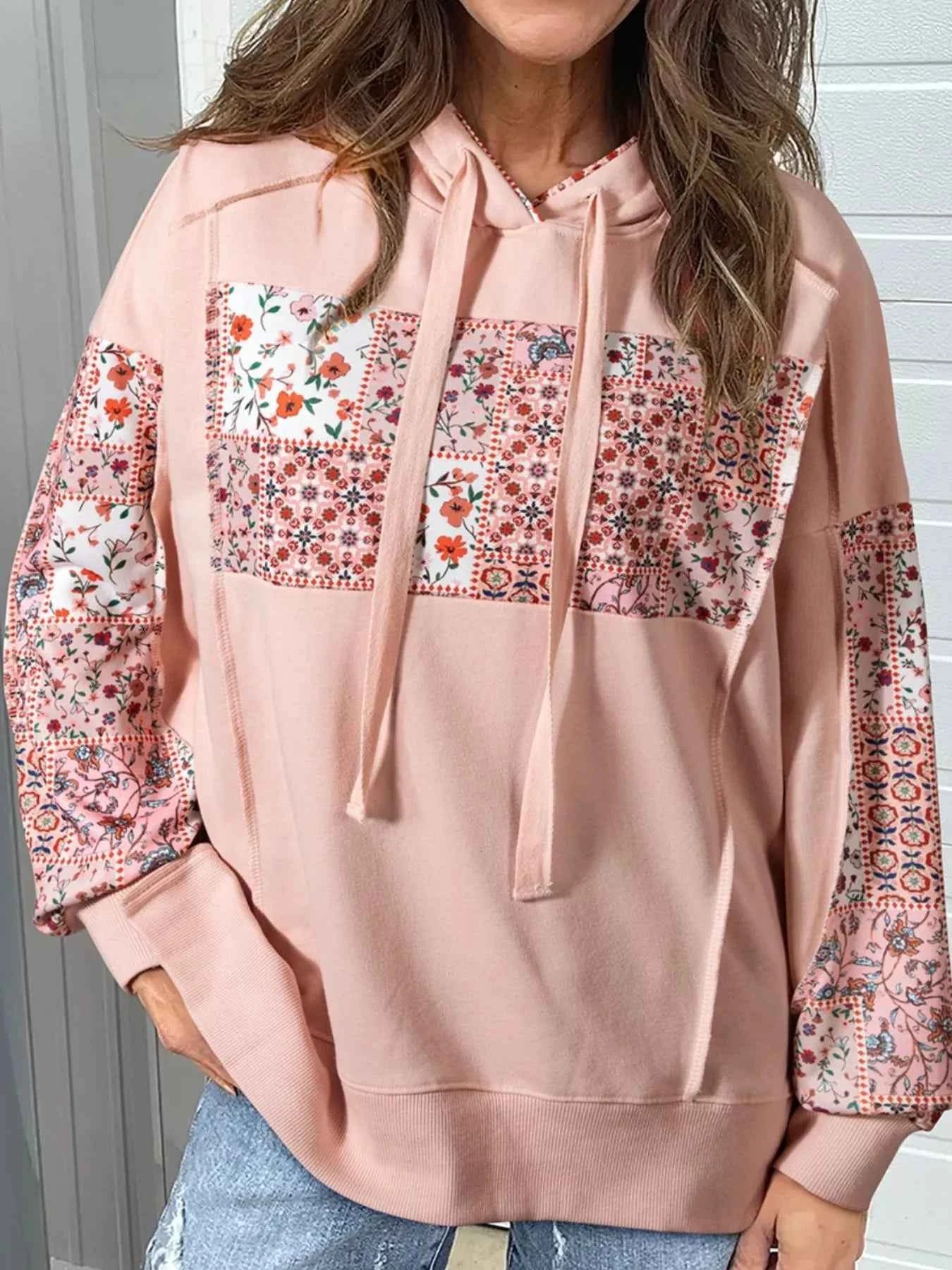 Floral Print Drawstring Long Sleeve Hoodie Dusty Pink 1442aa40-583e-4b4e-9b1c-8e8b3fbf9db3-Max-Origin