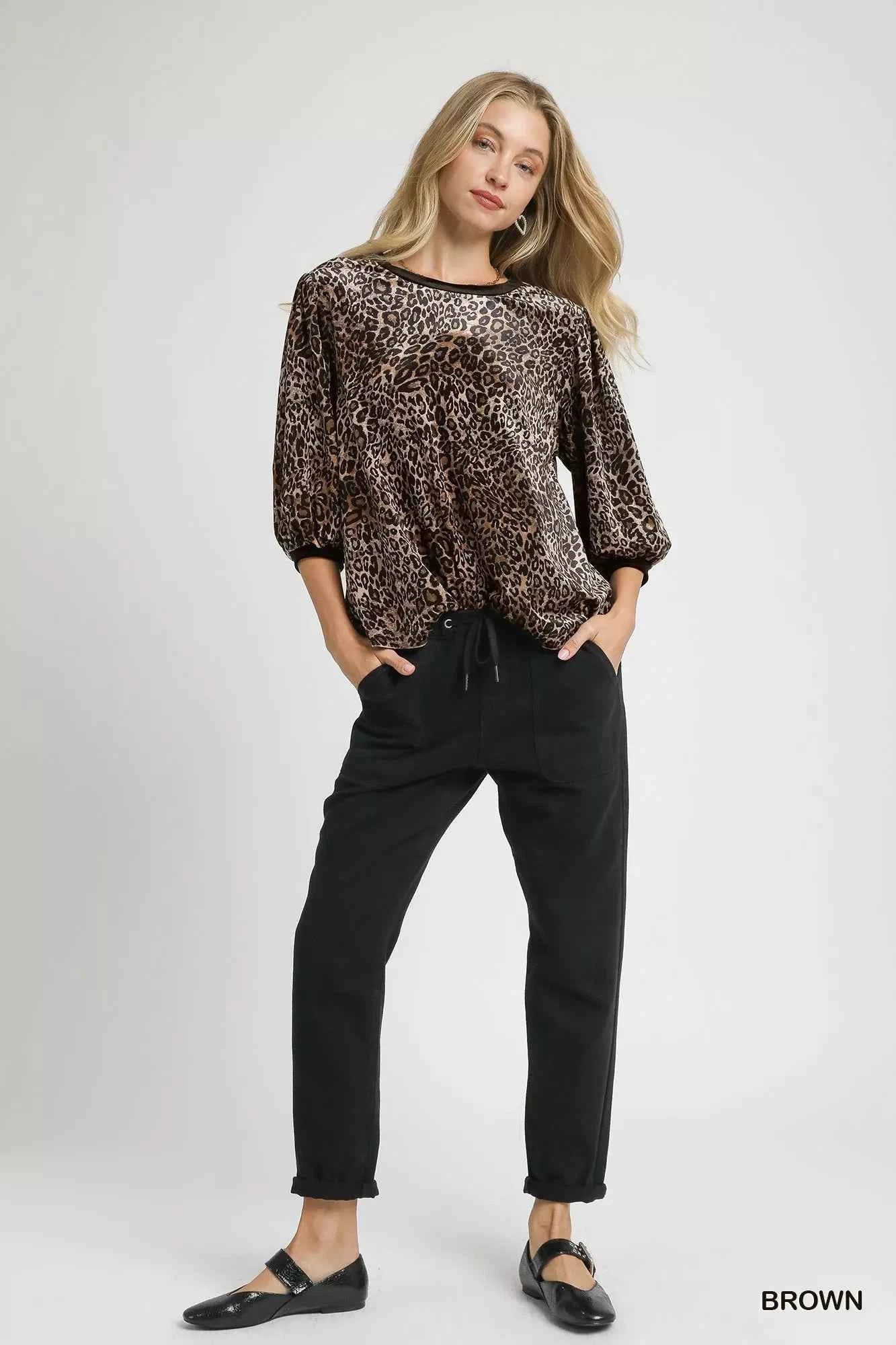 Umgee Leopard Round Neck Three-Quarter Sleeve Blouse 14469bfa-4684-443b-9ec4-d330b180e981-Max-Origin