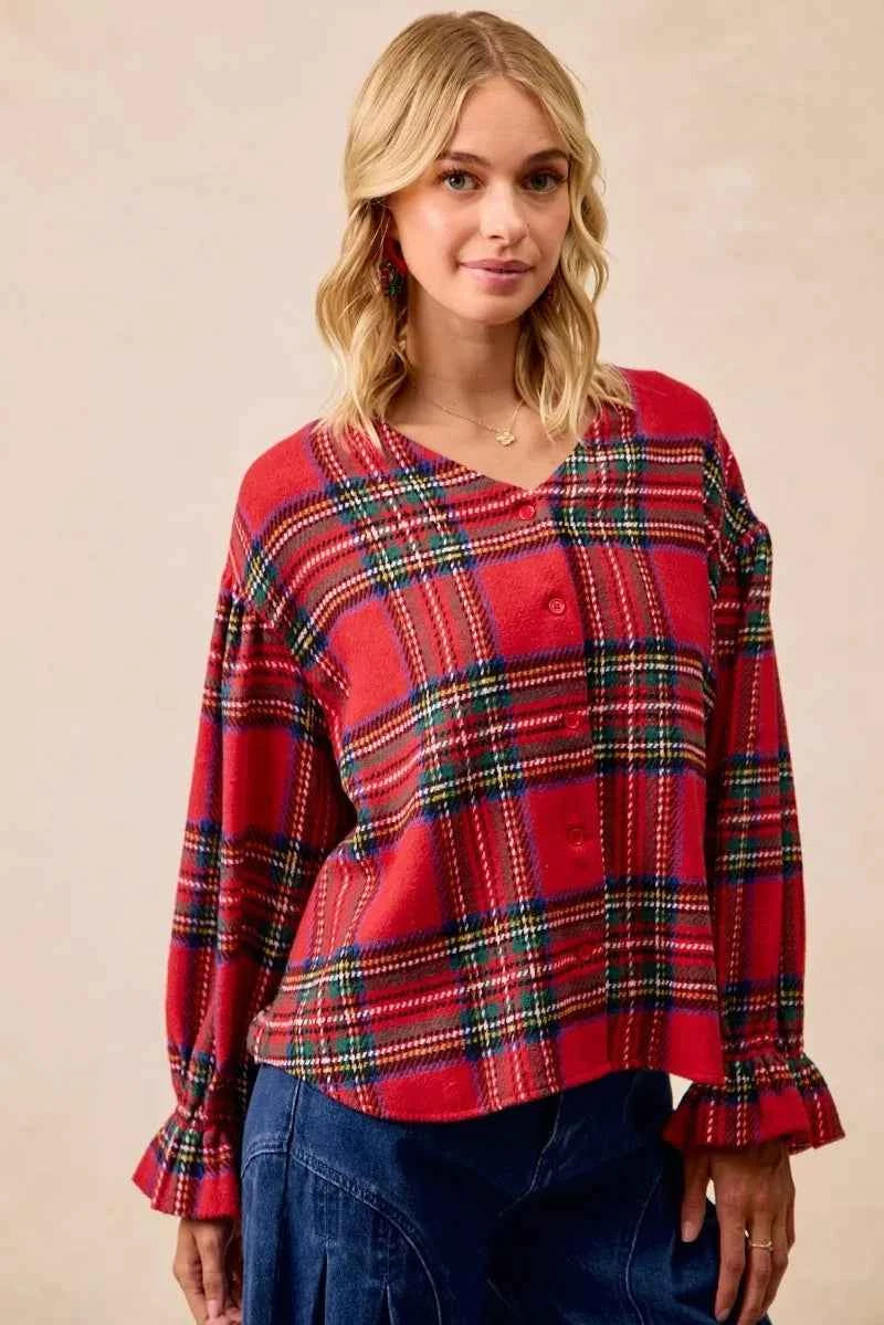 BiBi Christmas Plaid V-Neck Flounce Sleeve Jacket 144971c88bf14f2381fb9d7ac1a9de77-Max-Origin