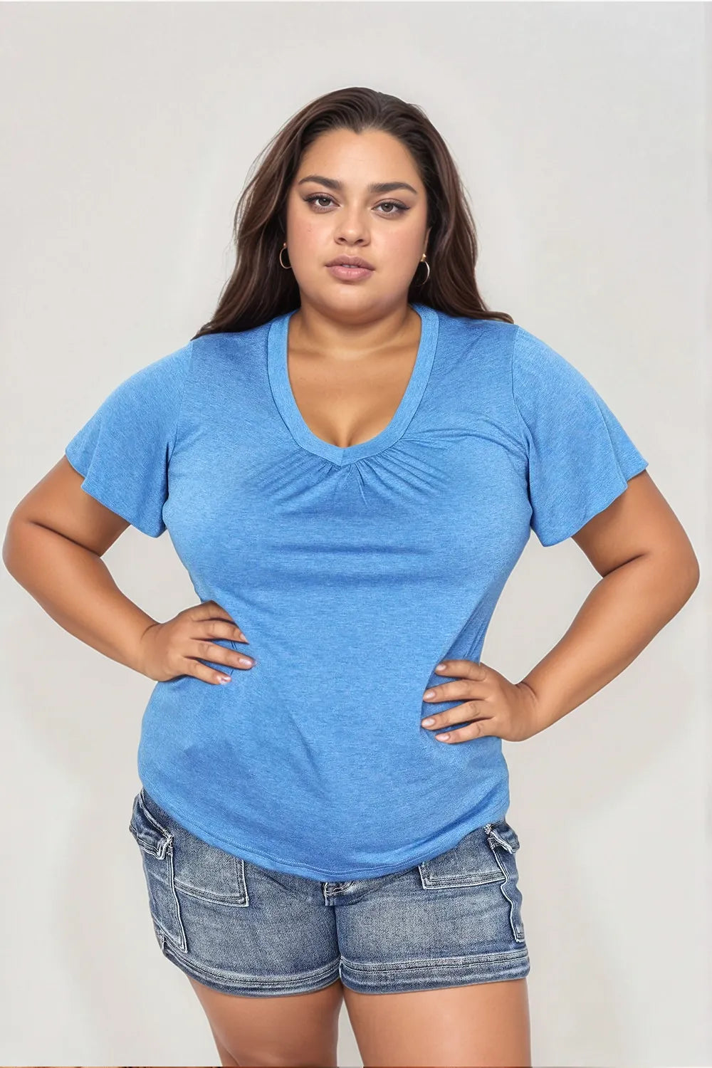 Double Take Ruched V-Neck Short Sleeve T-Shirt Sky Blue 1450a509-862a-402d-8f0d-c6885a8074e8-Max