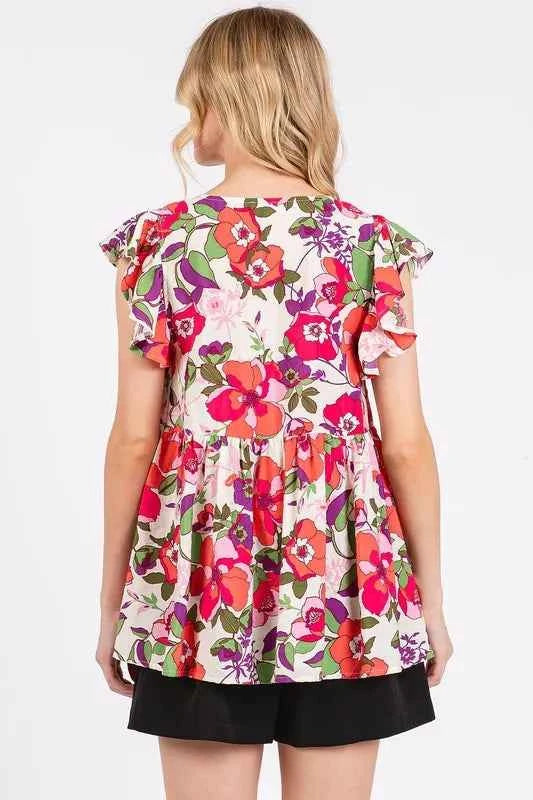 Mittoshop Floral V-Neck Ruffled Cap Sleeve Blouse 1452bf94-5f94-4db1-889f-2e7bac812006-Max