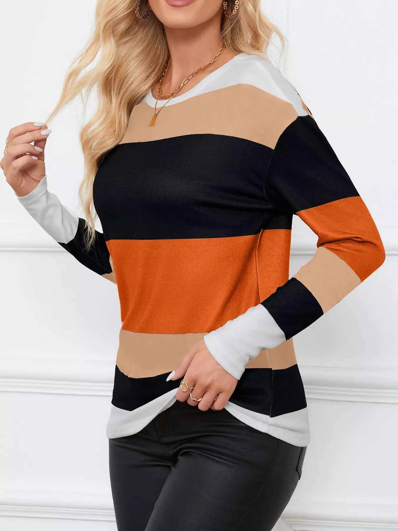 Leopard Color Block Striped Knit Top Orange 145d2a13347848ff822274257a528434-Max-Origin