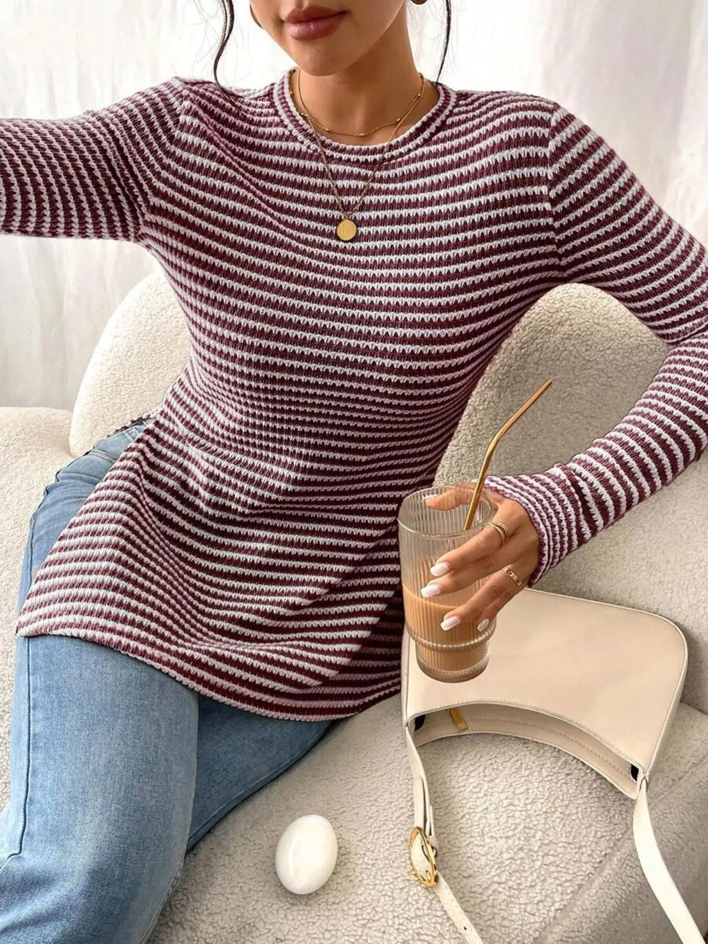 Side Slit Striped Long Sleeve T-Shirt 145ef0f1b8954412a1695cf4f514ccd7-Max-Origin