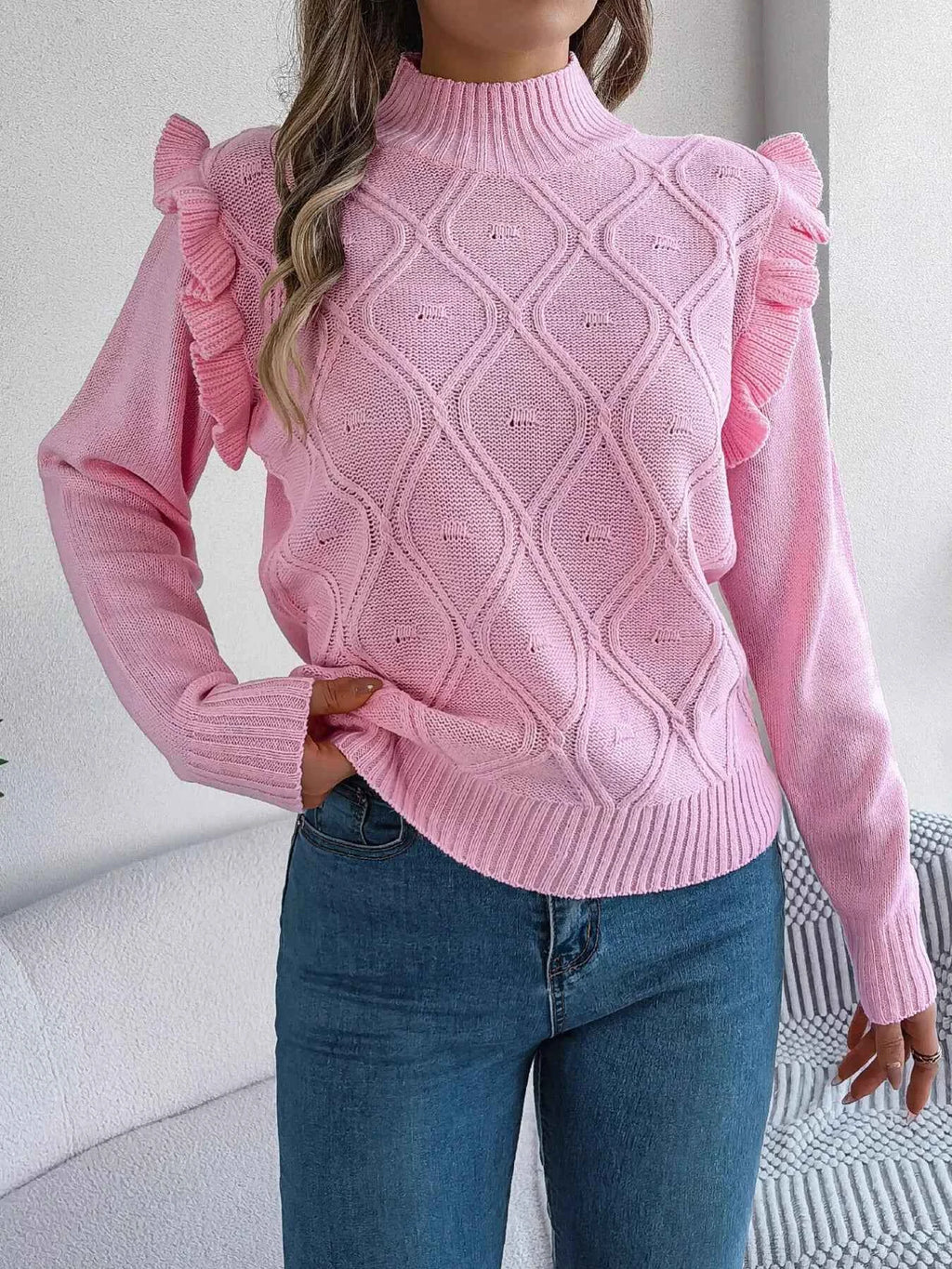 Mock Neck Ruffle Trim Long Sleeve Sweater 147b07d3bf5d4b2d96513b2ec377a812-Max-Origin