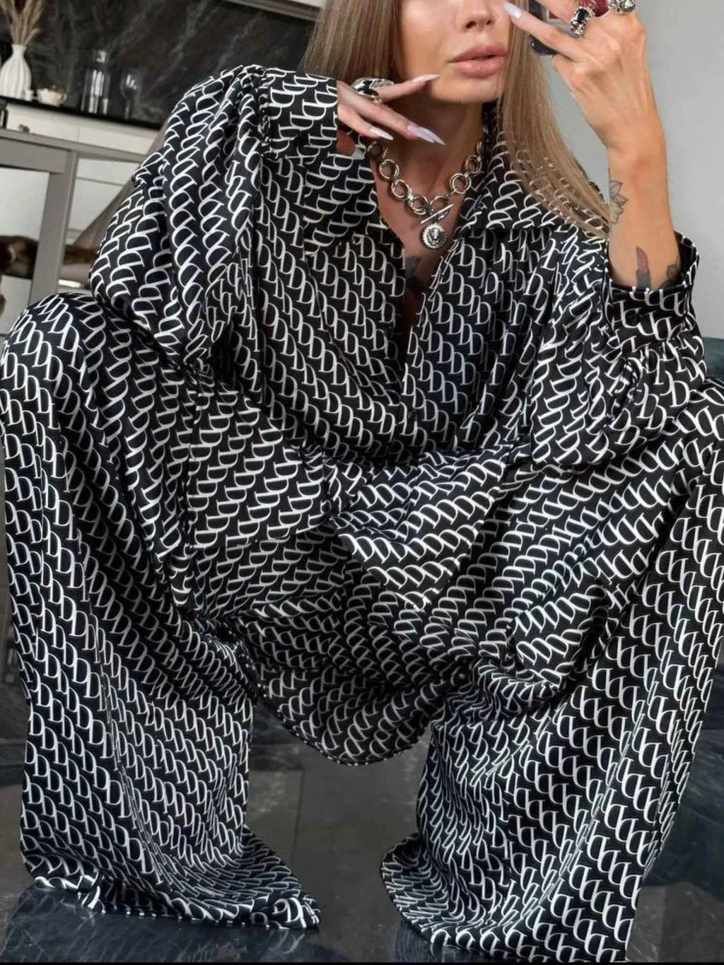 Printed Button Up Shirt and Pants Set Black 1481ef50-6f3f-4158-8bb5-b1bc555316fe-Max-Origin