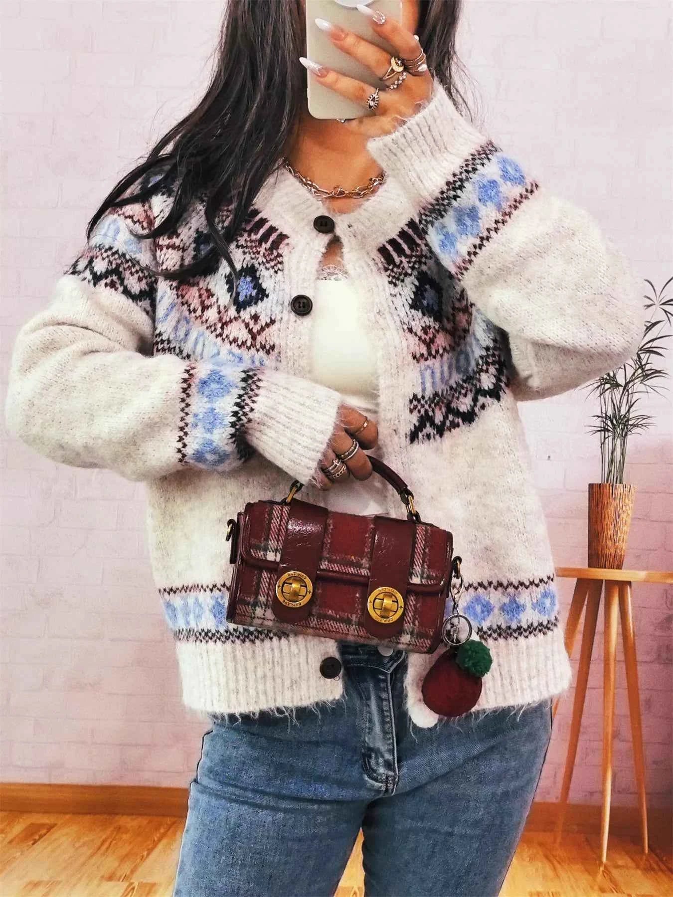 Geometric Pattern Button Up Long Sleeve Cardigan 148b7c57c7c542a6bd9881daea1ccfcb-Max-Origin