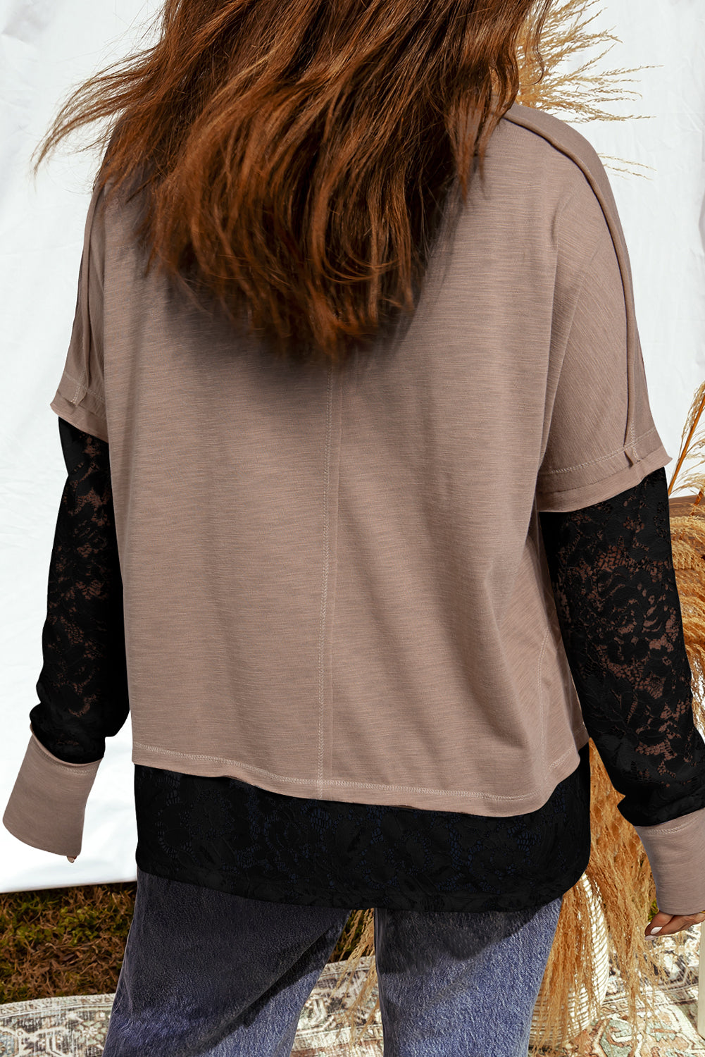 Light French Beige Sheer Lace Patchwork Casual Long Sleeve Tee 1493470138c00d4a