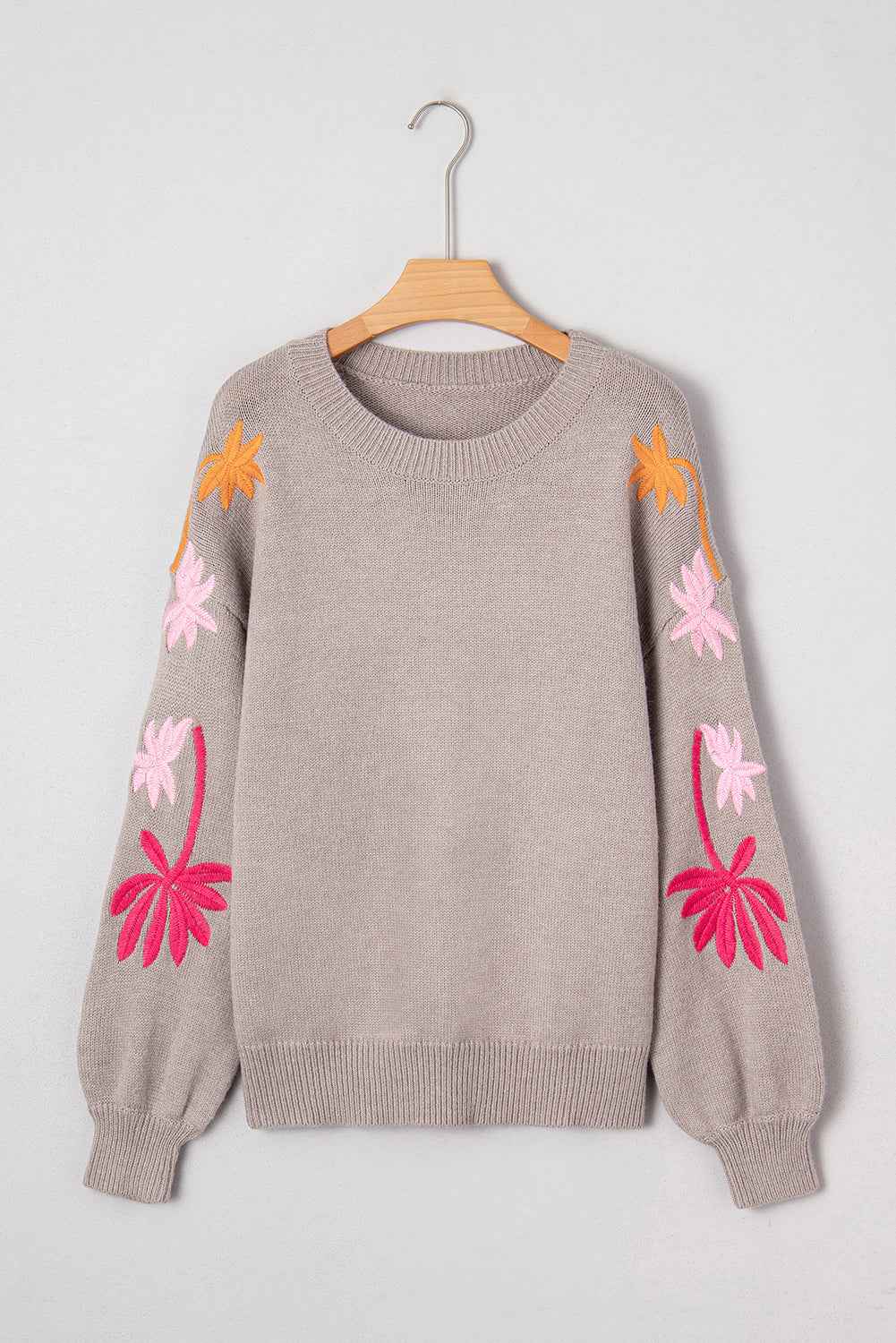 Beige Embroidered Floral Sleeve Round Neck Loose Sweater 149e07b8d984dc4f
