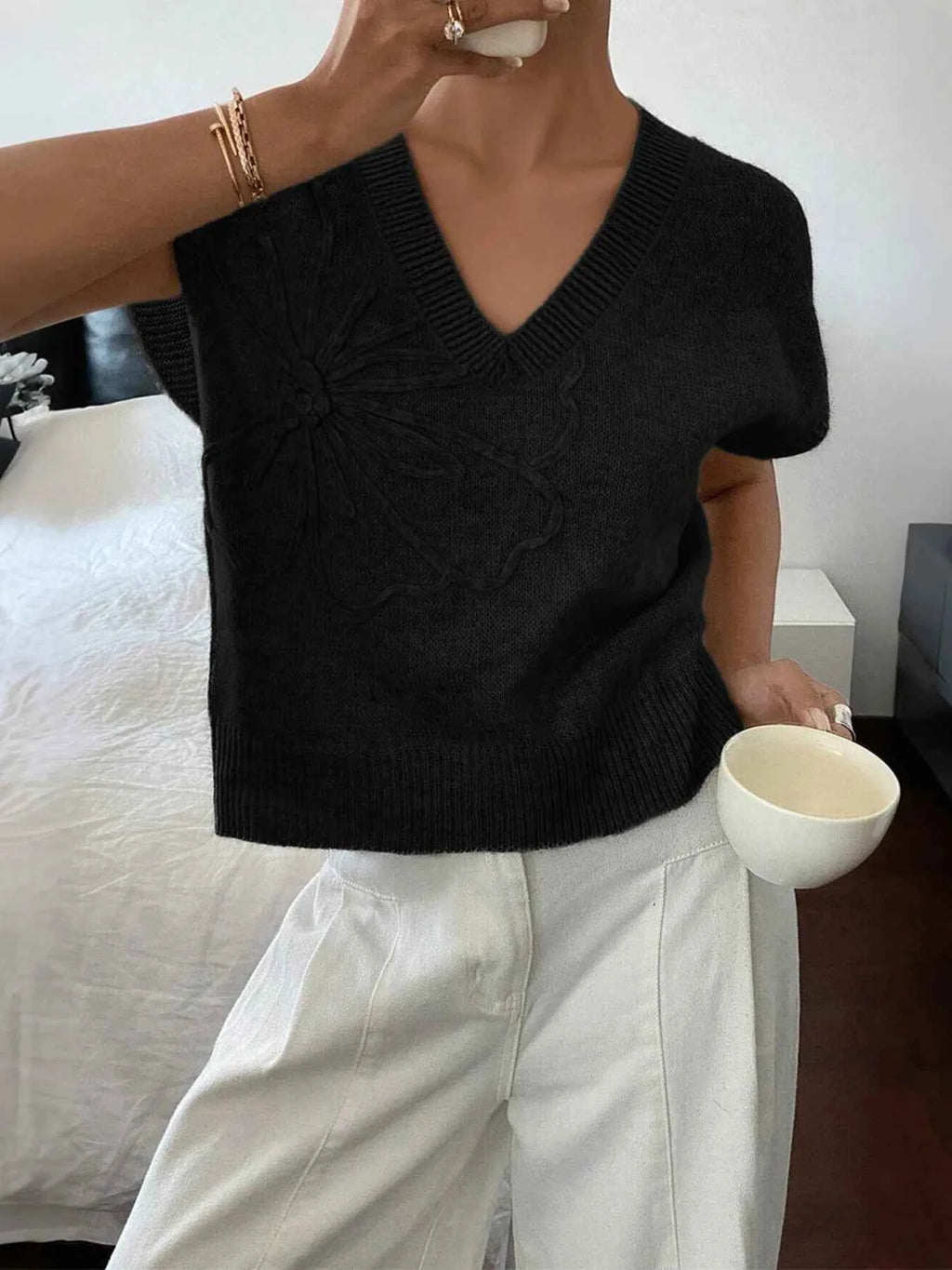 Ribbed Hem V-Neck Short Sleeve Sweater 14a8f3d472004ad2bf22dbc16403d775-Max-Origin