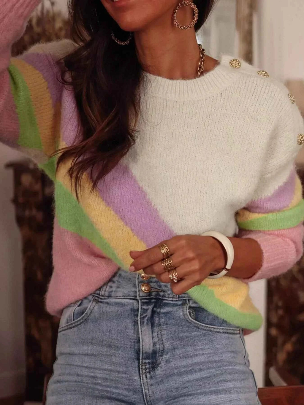 Rainbow Stripe Drop Shoulder Sweater Beige 14c65cb9-7c31-45e0-b8ee-ae94016d476c-Max-Origin