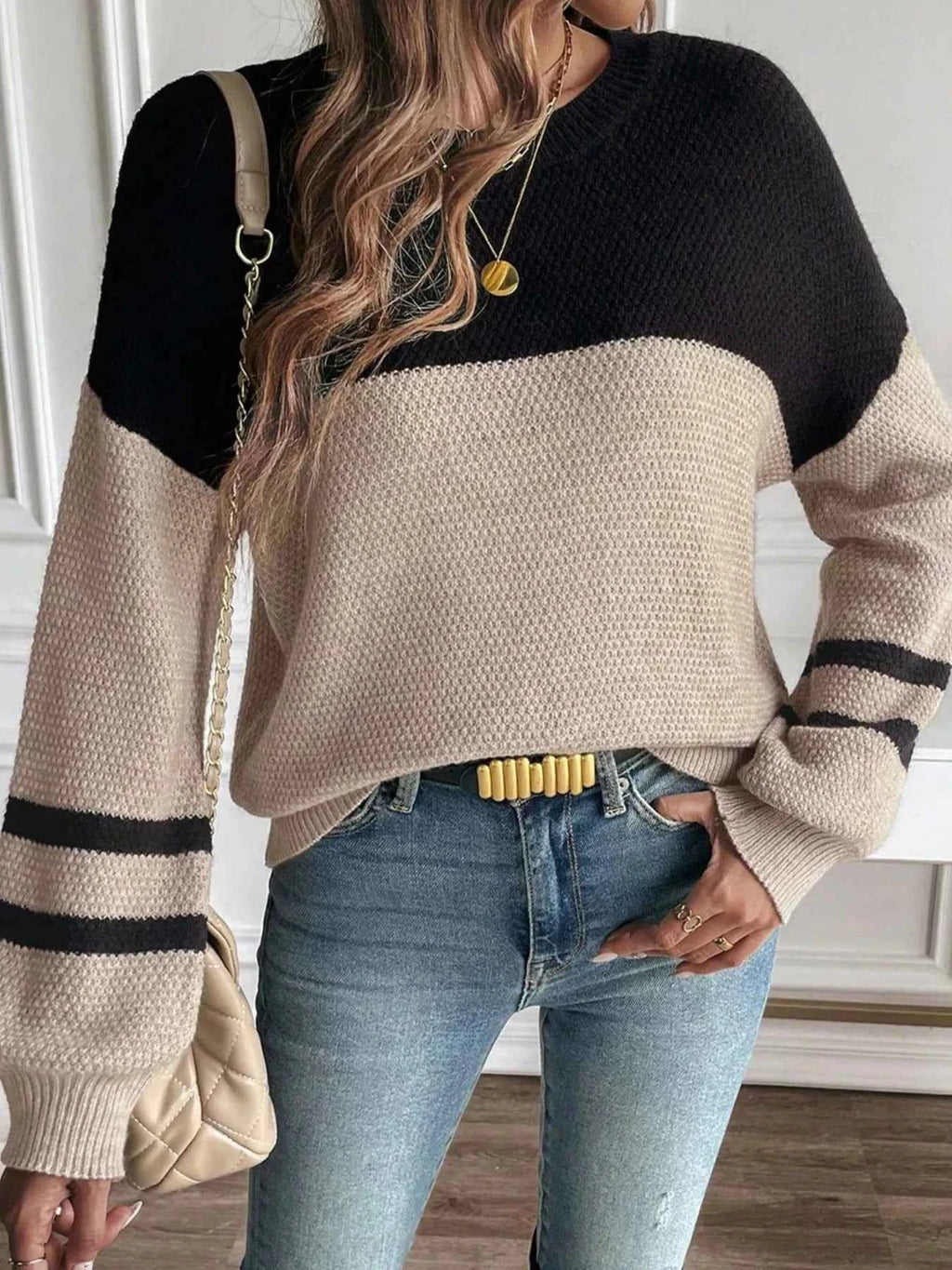 Color Block Knit Striped Sleeve Detail Casual Sweater 14c9e5a6-665d-494d-bceb-3e392f8a4a36-Max-Origin