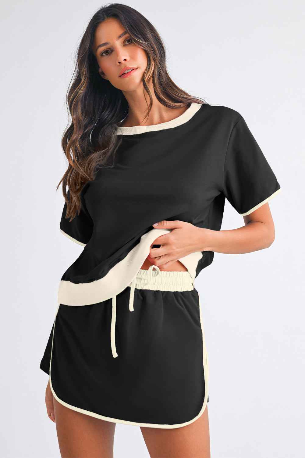 Black Colorblock Edge Drop Shoulder T Shirt and Skort Set 14e42ee391c74240