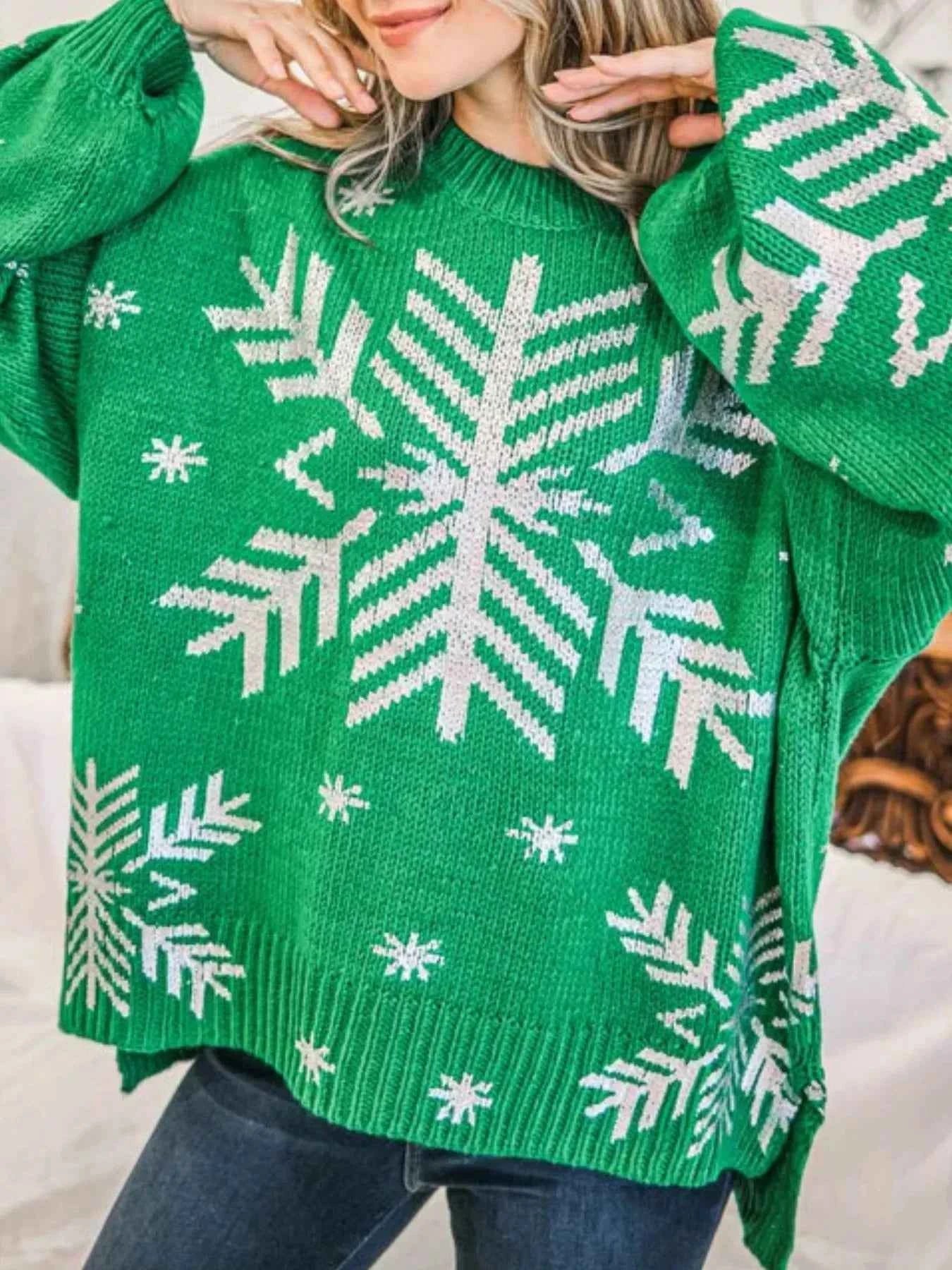 Christmas Snowflake Long Sleeve Sweater Green 14f5a9ac-276e-4da9-b2d3-93db8243b6f3-Max-Origin