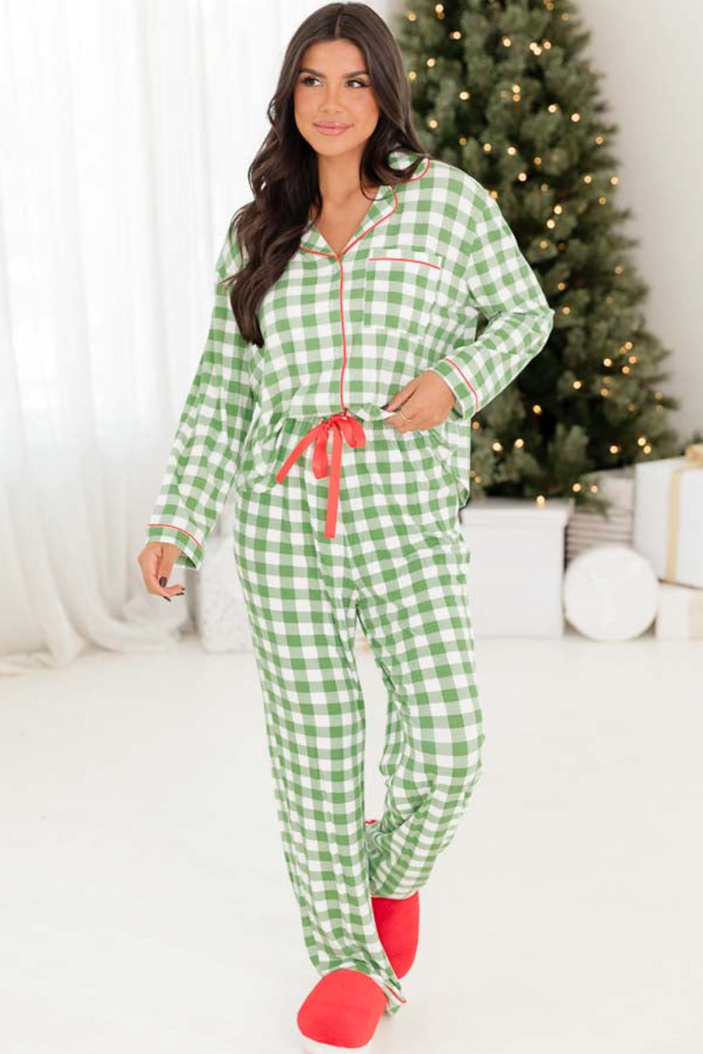 Light Green Plaid Print Shirt and Drawstring Pants Pajama Set 14fa76cfcd711d83