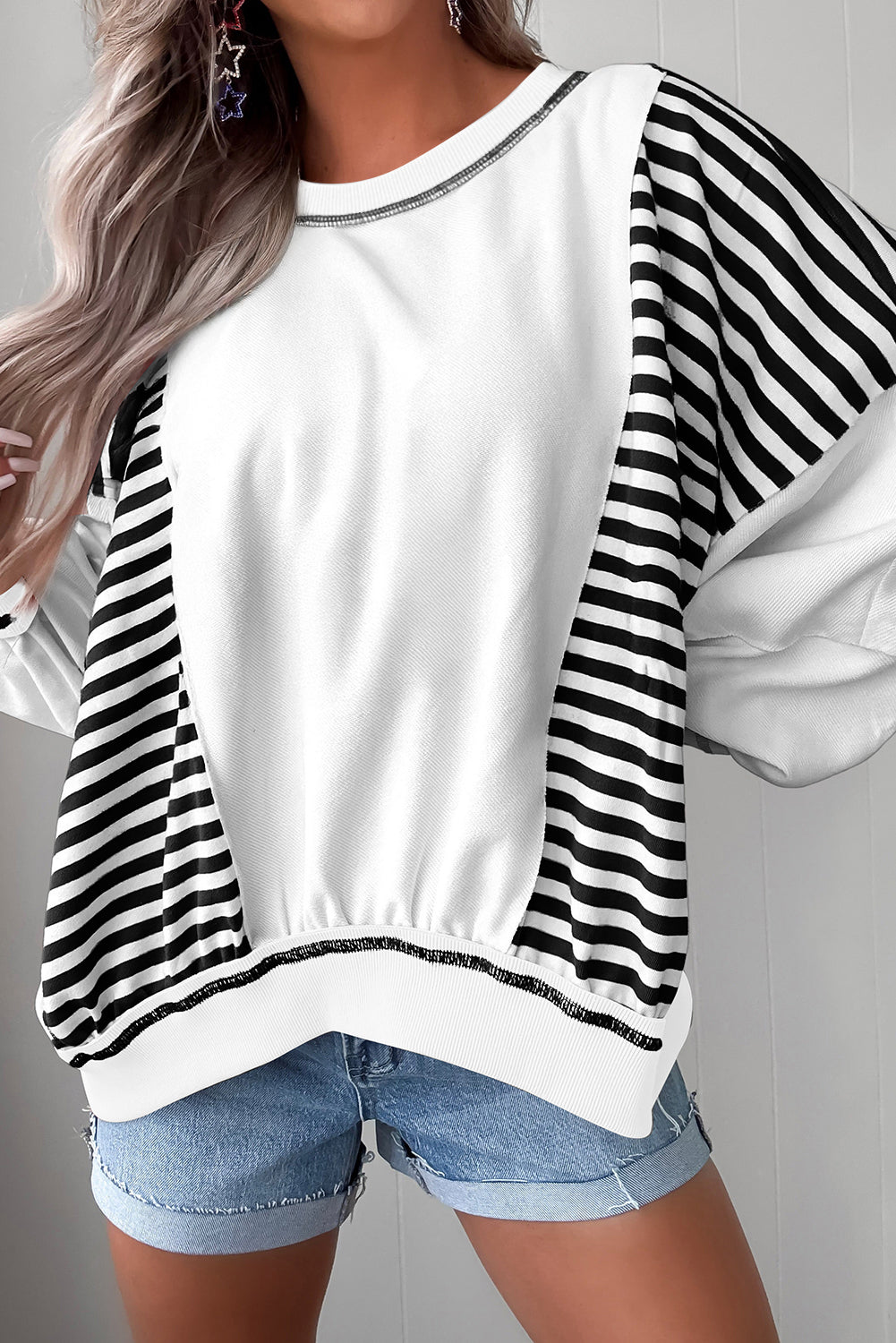 Red Striped Colorblock Patchwork Oversized Sweatshirt White Stripe 80%Polyester+15%Cotton+5%Elastane 14fa7a71aa35f0c2