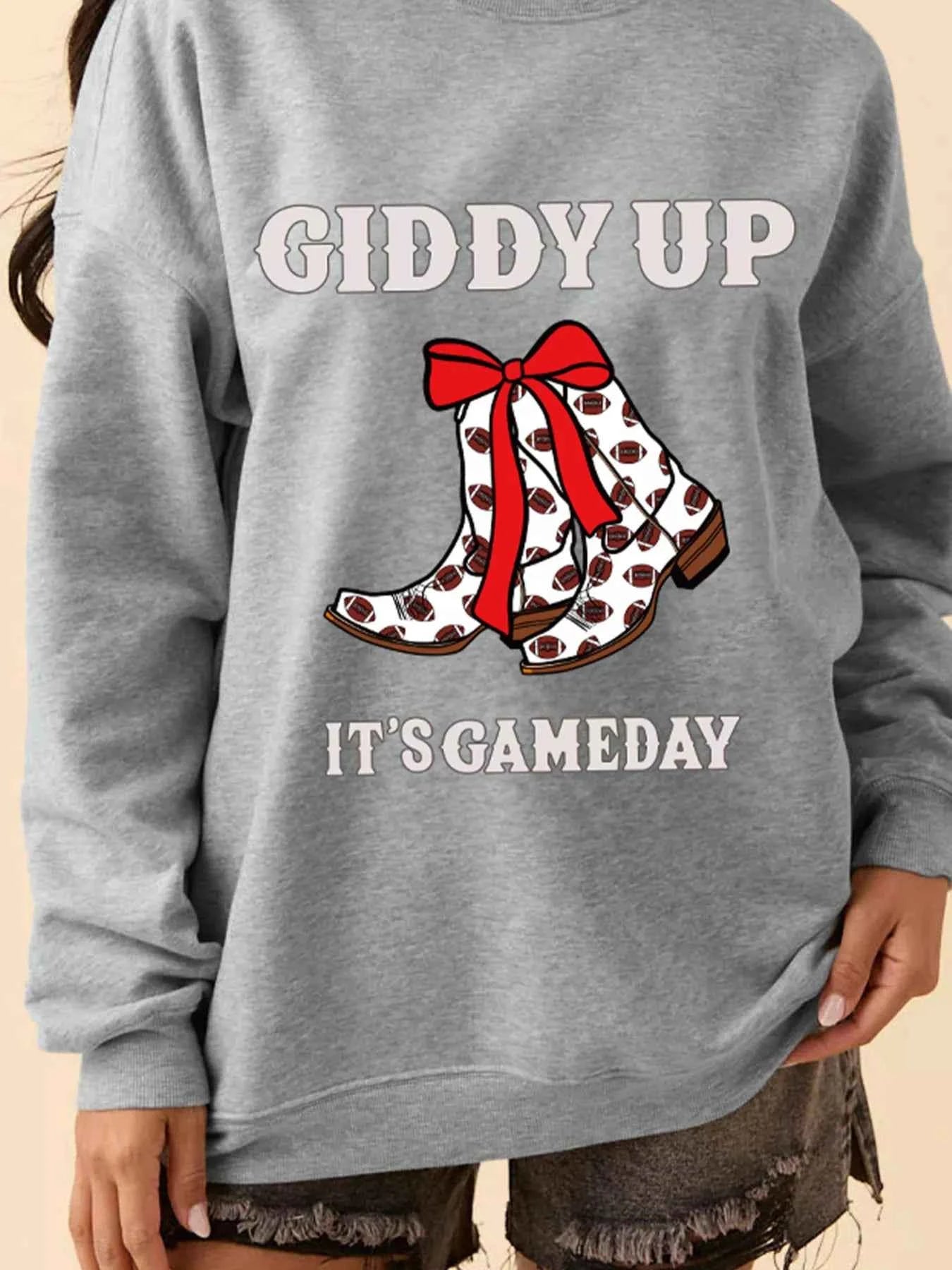 GIDDY UP ITS GAME DAY Cowgirl Boots Graphic Sweatshirt Gray 150c386936d740edbca00685557474bf-Max-Origin