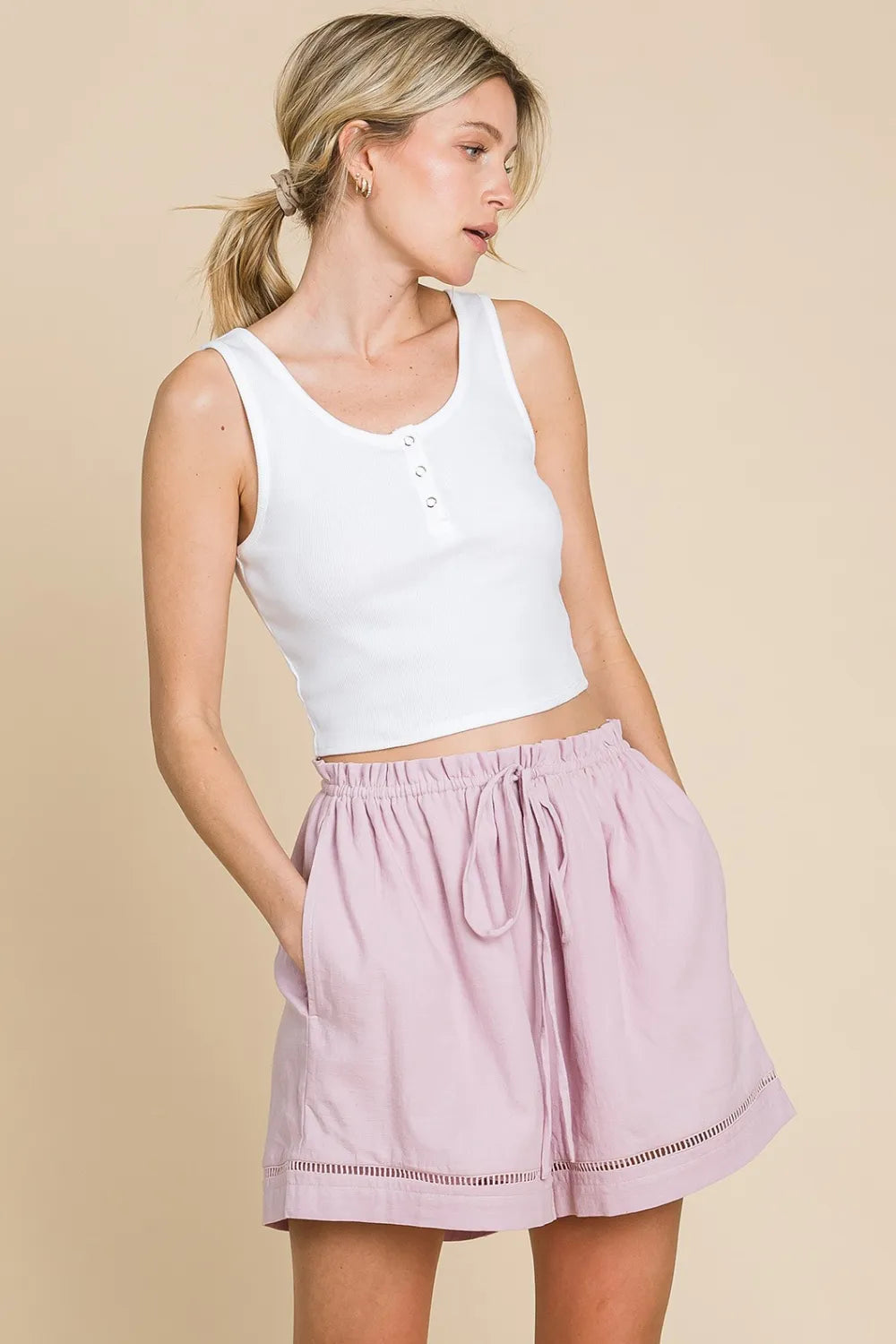 Cotton Bleu by Nu Lab High Waist Drawstring Shorts Mauve 151def1f-dd23-499b-95cd-d6bca8181fe5-Max