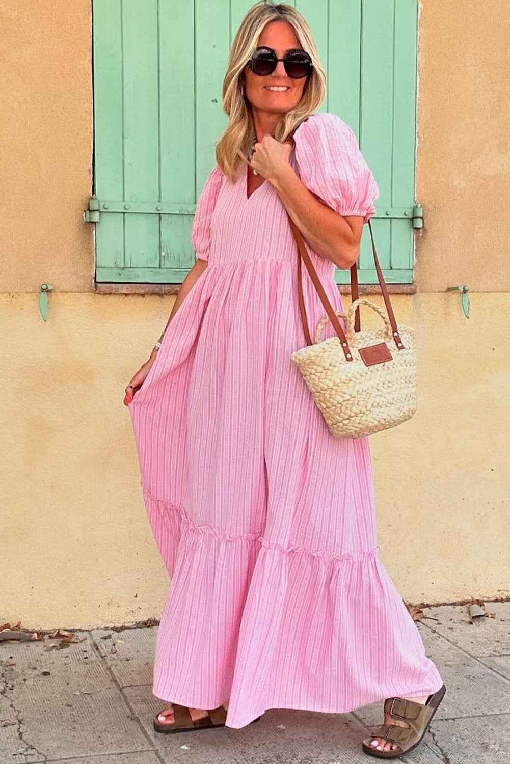 Pink Striped V Neck Puff Sleeve Frill Tiered Maxi Dress 152792eda31f3fb3