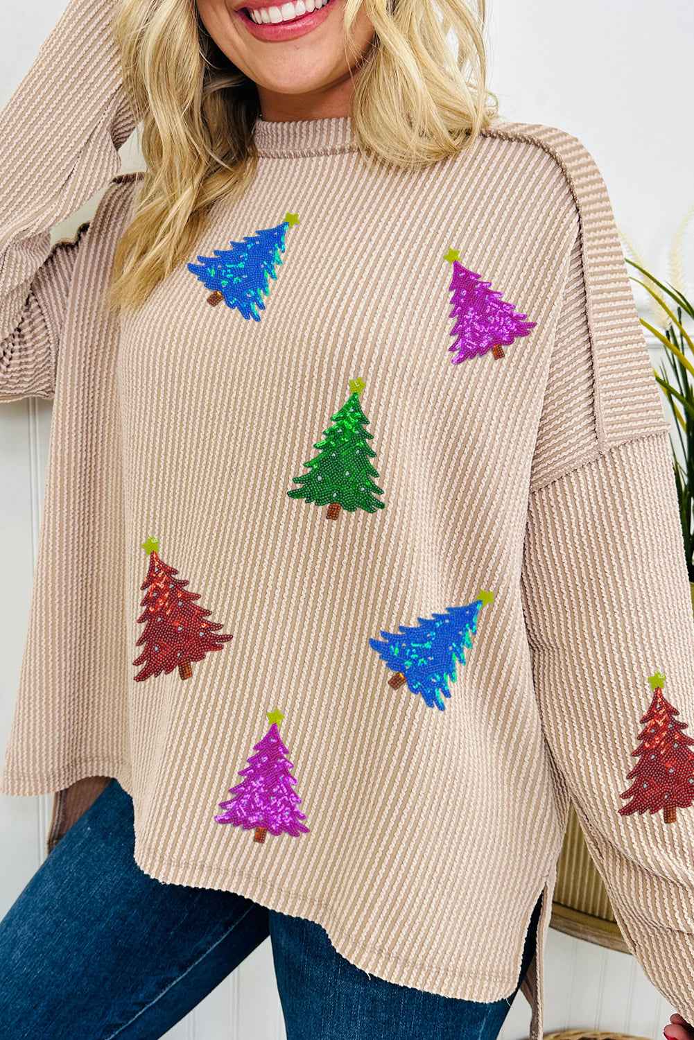 Parchment Christmas Tree Sequins Patch Exposed Seam Ribbed Long Sleeve Top 1538eb155479ed38